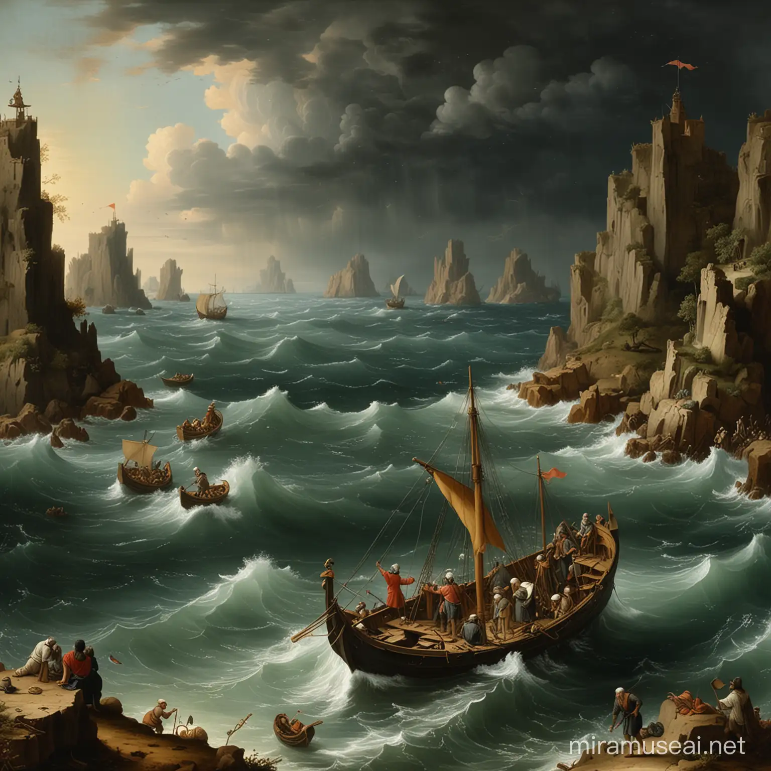 Solitary Odysseus Navigating Stormy Seas Amidst Distant Islands