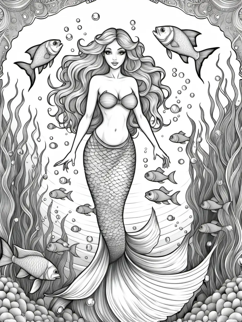 fantasy world, mermade with fish tale and no bra, coloring page