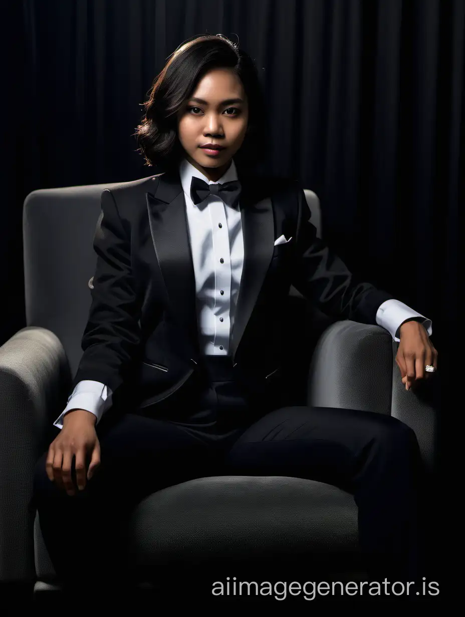 A dark skinned thai woman with shoulder length hair is wearing a tuxedo.  She is sitting in a plush chair in a darkened room.  Her jacket is black.  Her jacket is open.  Her pants are black.  Her bowtie is black.  Her shirt is white with black cufflinks.