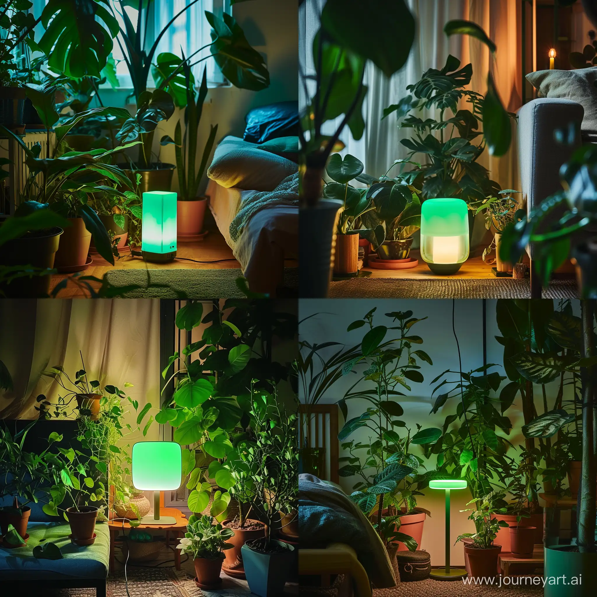 a cozy room with plants lit up by a green lamp