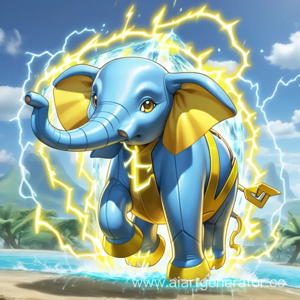 turn a elephant into a pokemon that has both water and electric powers with some yellow lighting bolts at the lowest level