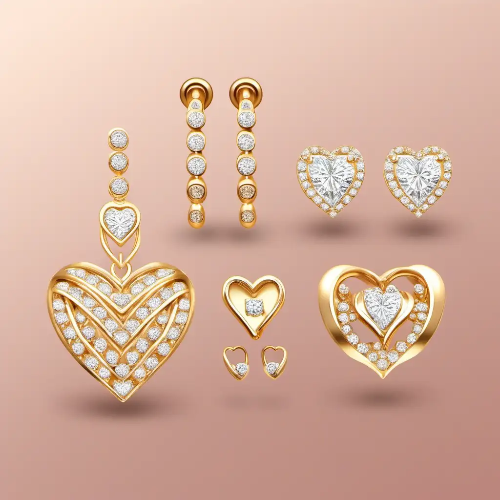 a beautiful earring set(gold and diamonds) for mother's day, hearts, kiss, hug, holding hands, ui, ux, ui/ux, website--v 4 --ar 2:3
