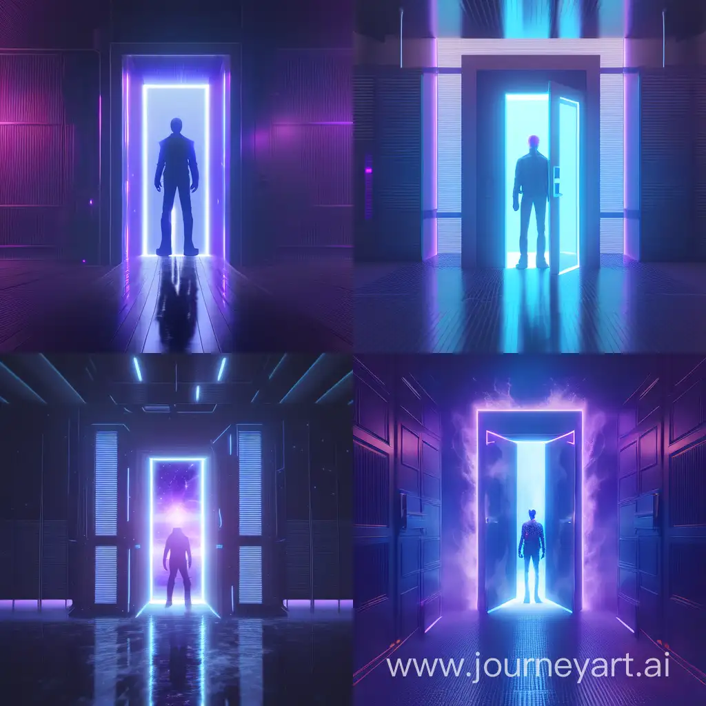 Man silhouette in front a door, ethereal, futuristic, Soft blue and violet light ,doors for giants, hyper realistic, 4k,1:1