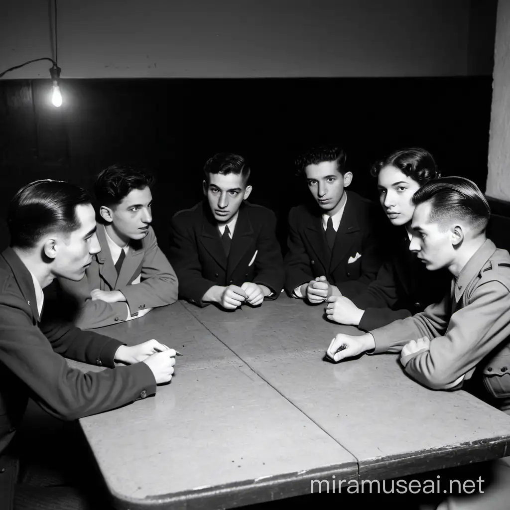 underground meeting 8 young people dark year 1944 jewish resistance movement disscution around old table
no uniform
