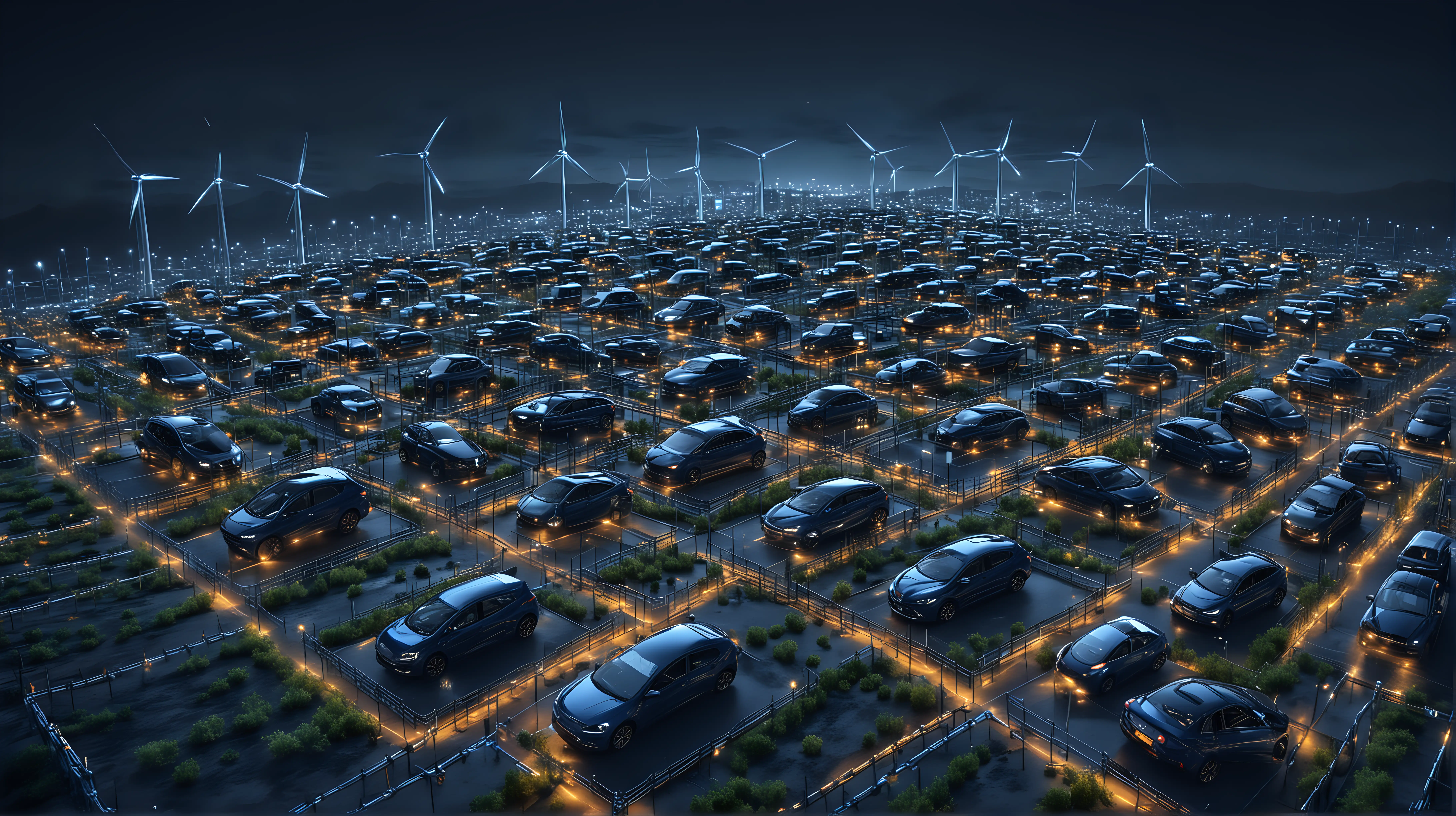 Create an image of a sustainable energy grit showing connected industrial cars at night. Dark blue colours