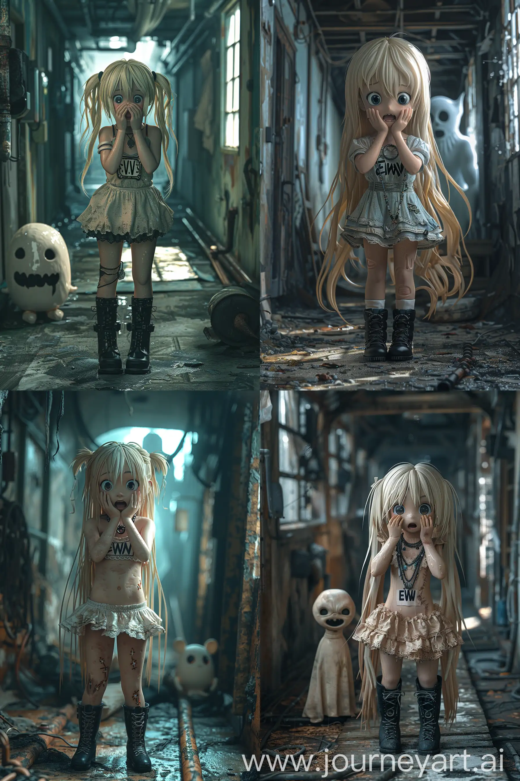 Anxious-Blonde-Anime-Girl-in-Spooky-Corridor-with-Ghost