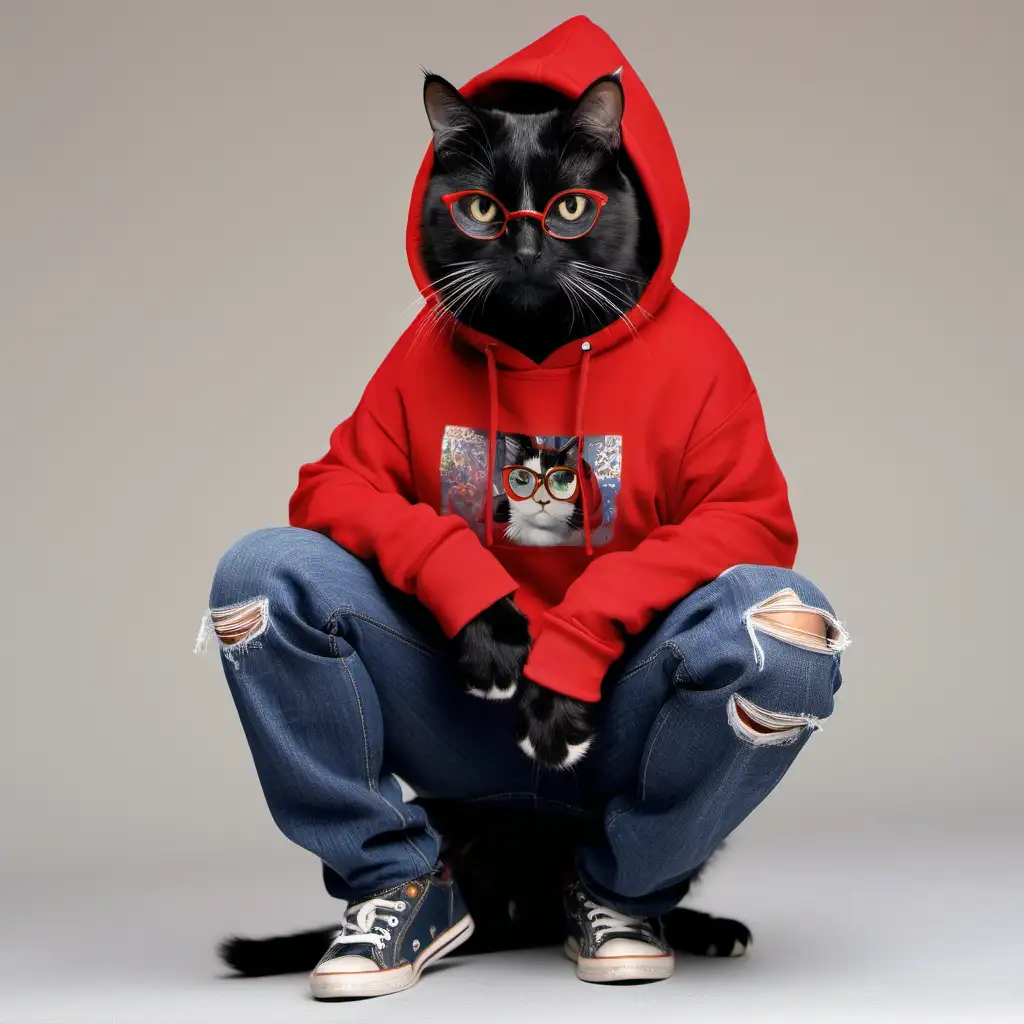 Black calico cat wearing glasses and a red hoodie and jeans