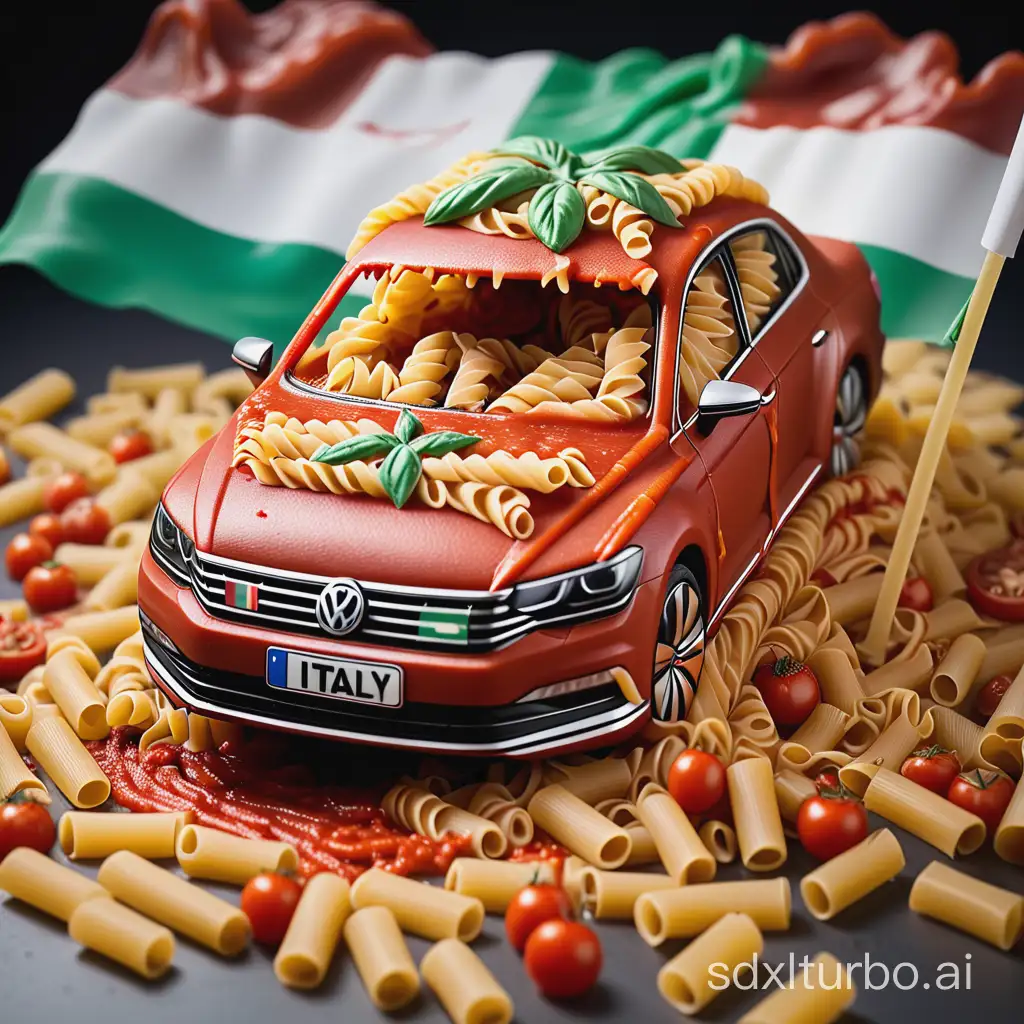 2020 VW passat car made out of pasta and tomato sauce, with flag of Italy painted on its body, tomato sauce spilling underneath
