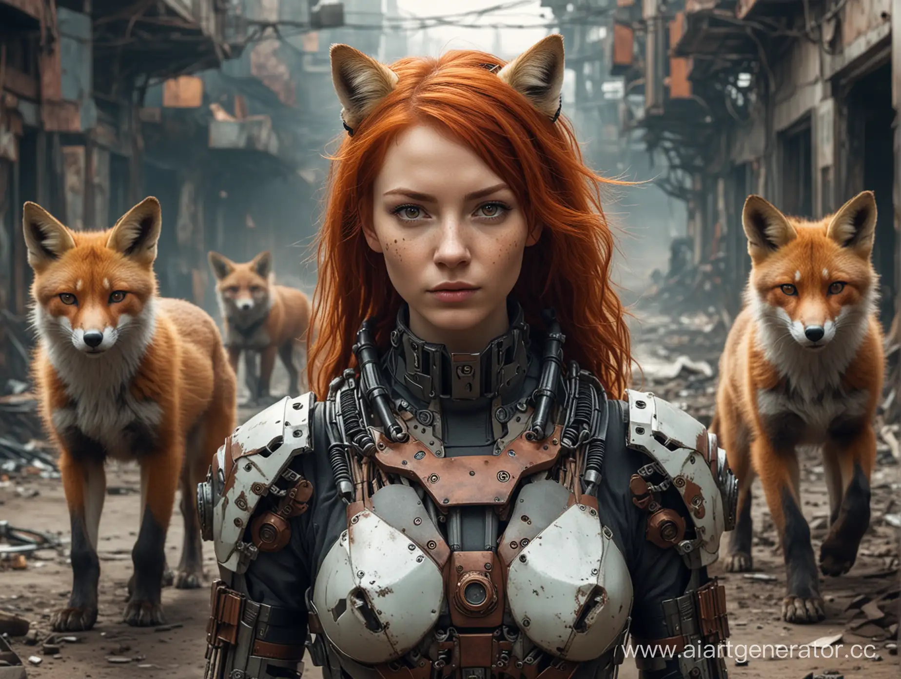 A red-haired cyborg girl with foxes on the background of the post-apocalypse