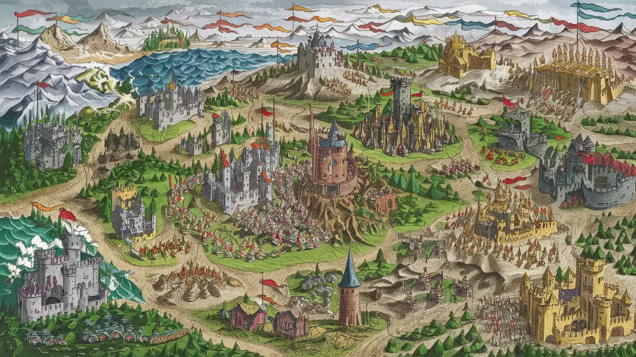 Карта с большим количеством королевств, замков, деревень и башен. На карте видны горы, леса и моря.
Над замками развеваются флаги разных цветов, а по карте перемещаются армии.