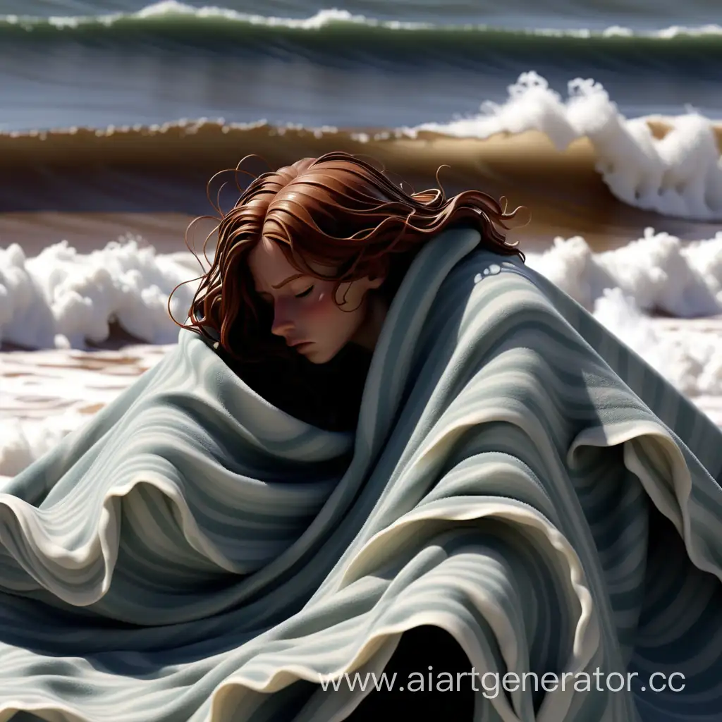Человек укрывается морской волной как одеялом