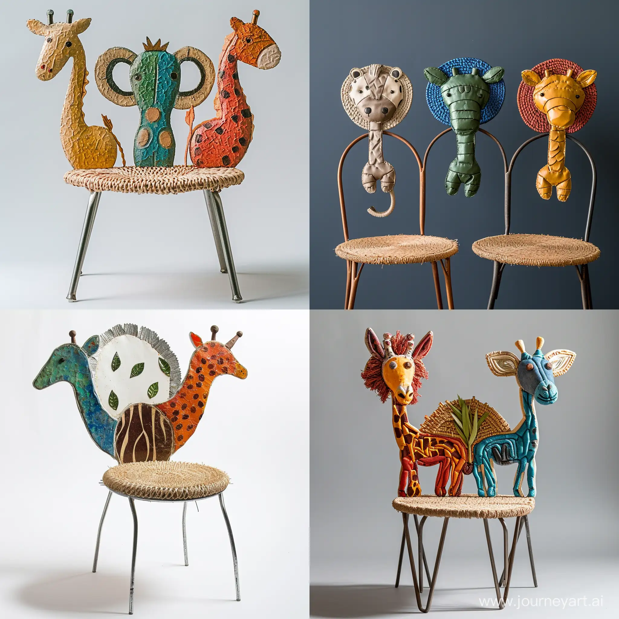 imagine cute and Thin and using The least amount of material for construction a sturdy children’s chair inspired by safari animals, with backrests shaped like different creatures. Use recycled metals for the frame and woven plant fibers for seating areas, depicted in colors representative of the chosen animals. The seat should stand approximately 30cm tall, built to educate about wildlife and ensure durability.realistic style