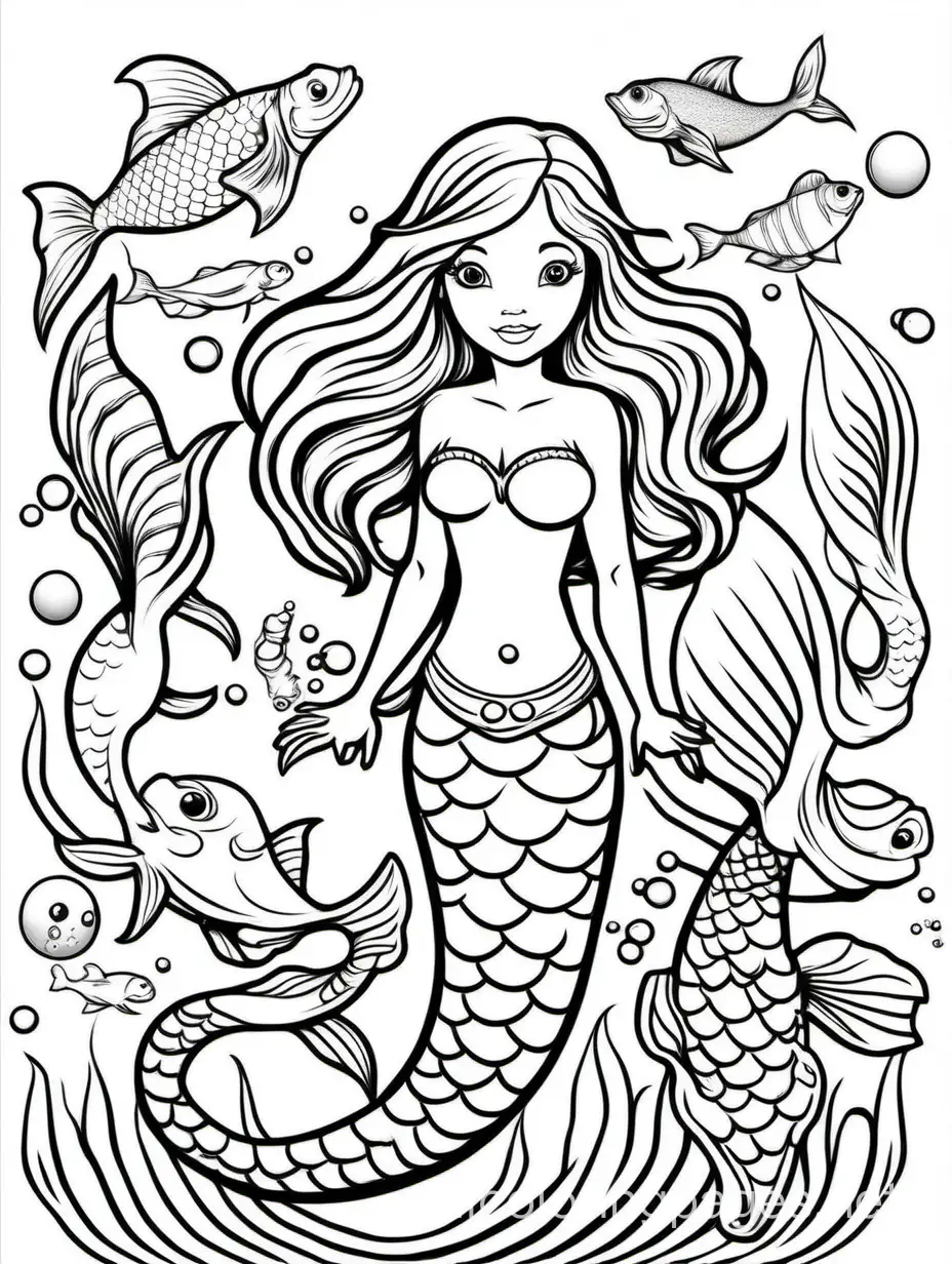 mermaid for kids  ocean animals, Coloring Page, black and white, line art, white background, Simplicity, Ample White Space. The background of the coloring page is plain white to make it easy for young children to color within the lines. The outlines of all the subjects are easy to distinguish, making it simple for kids to color without too much difficulty