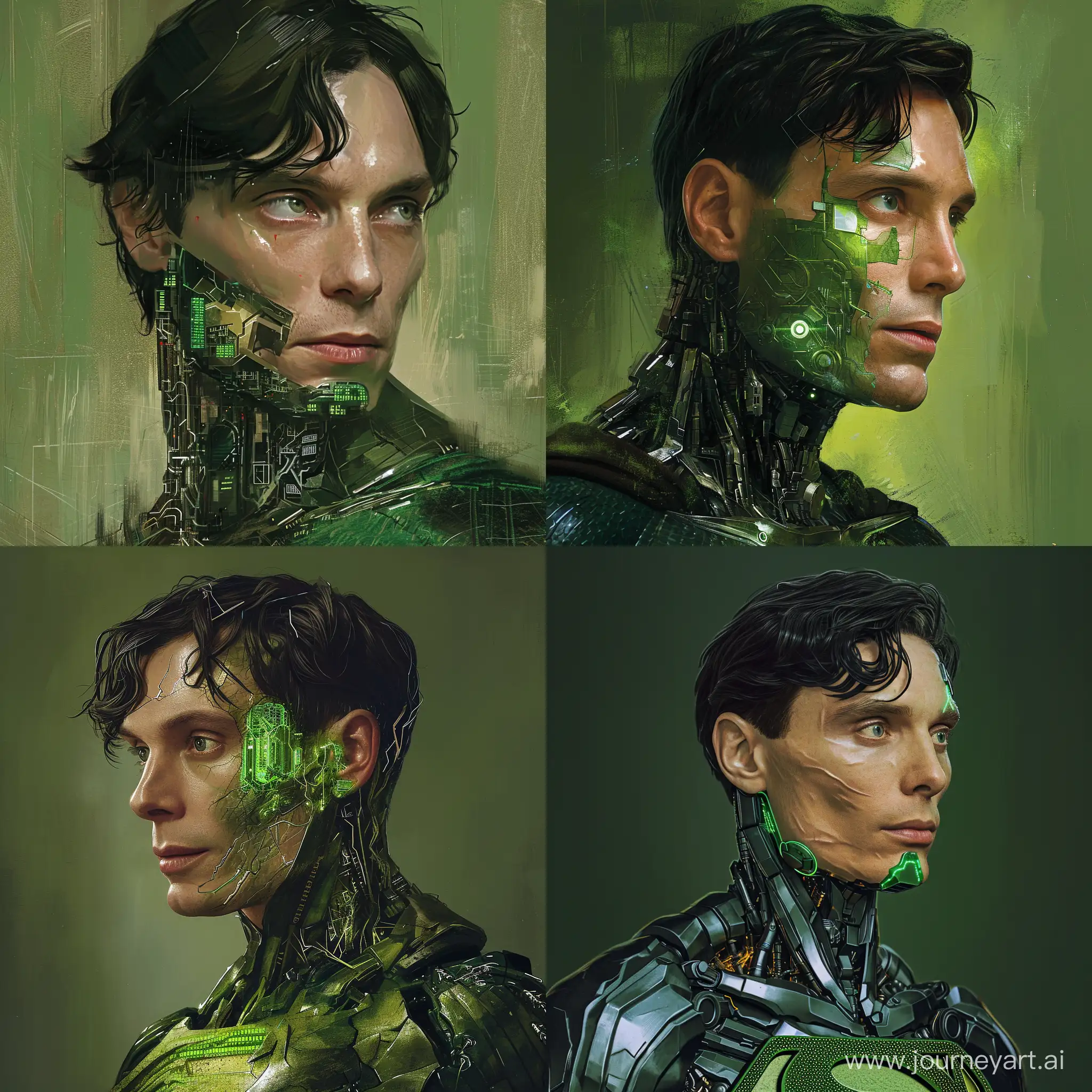 Create a realistic and cinematic illustration of Cillian Murphy portraying the iconic DC Comics villain, Brainiac. Brainiac is an artificial intelligence and one of Superman's most formidable foes. He is typically depicted as a green-skinned humanoid android with a cybernetic appearance. The character is known for his cold and calculating demeanor, seeking knowledge and collecting cities from various planets to enhance his intellect. For the illustration, envision Cillian Murphy in the role of Brainiac, capturing the character's menacing presence and calculating nature. Design a cybernetic appearance for Murphy, incorporating elements such as metallic enhancements, circuitry, and the distinctive green skin associated with Brainiac. Emphasize the character's intellect and the sense of threat he poses as a powerful antagonist in the DC Universe. The overall aesthetic should evoke a sense of authenticity, making the illustration appear as if it came straight out of real life or a movie. Pay attention to the details in Cillian Murphy's likeness while staying true to the iconic look and feel of Brainiac as a formidable and relentless adversary.