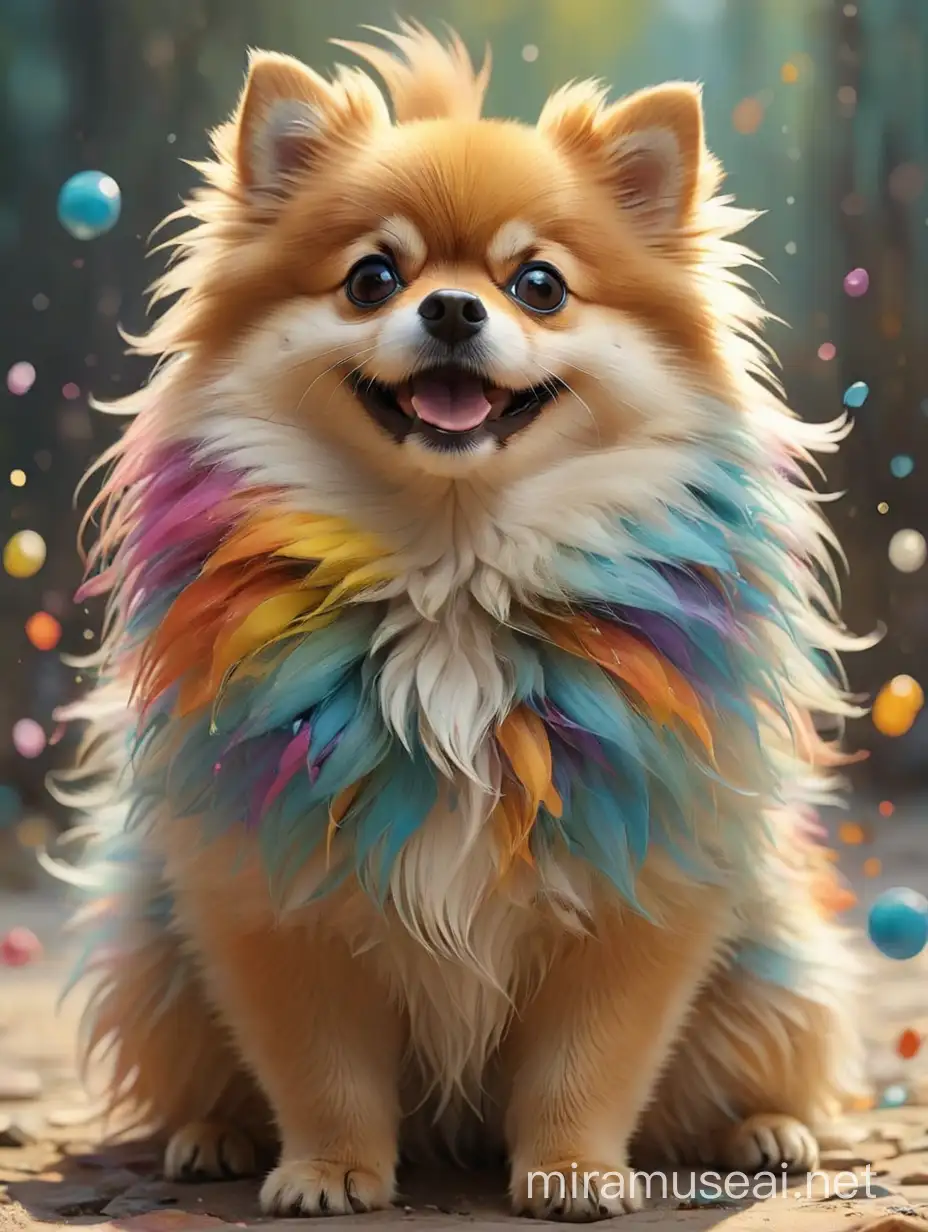 art movement focused on emotional impact through free-flowing shapes and colors, often without depicting real objects, with tiny happy Pomeranian dog sitting on the foreground
