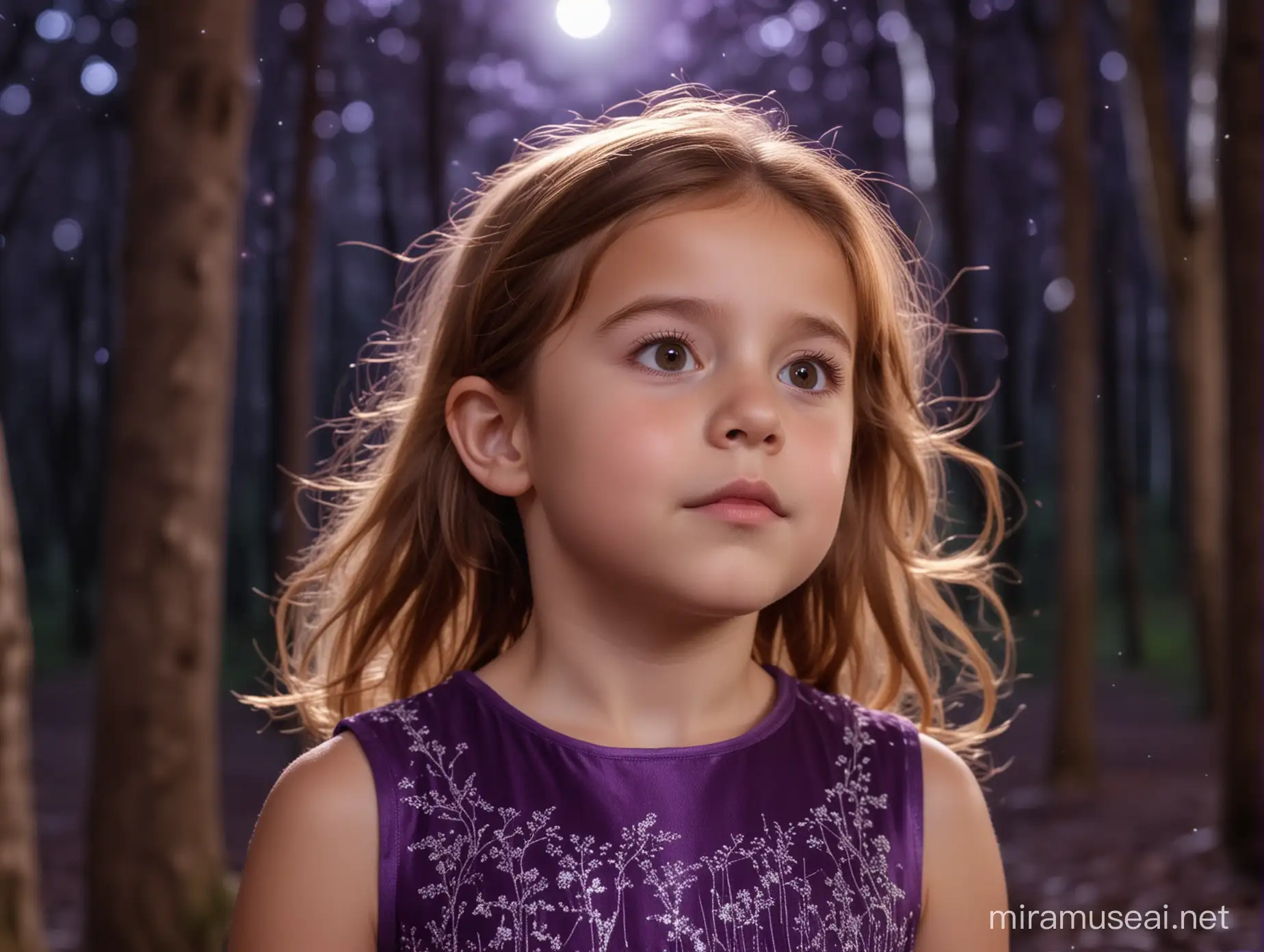 Enchanted ChestnutHaired Girl Squinting in Moonlit Forest