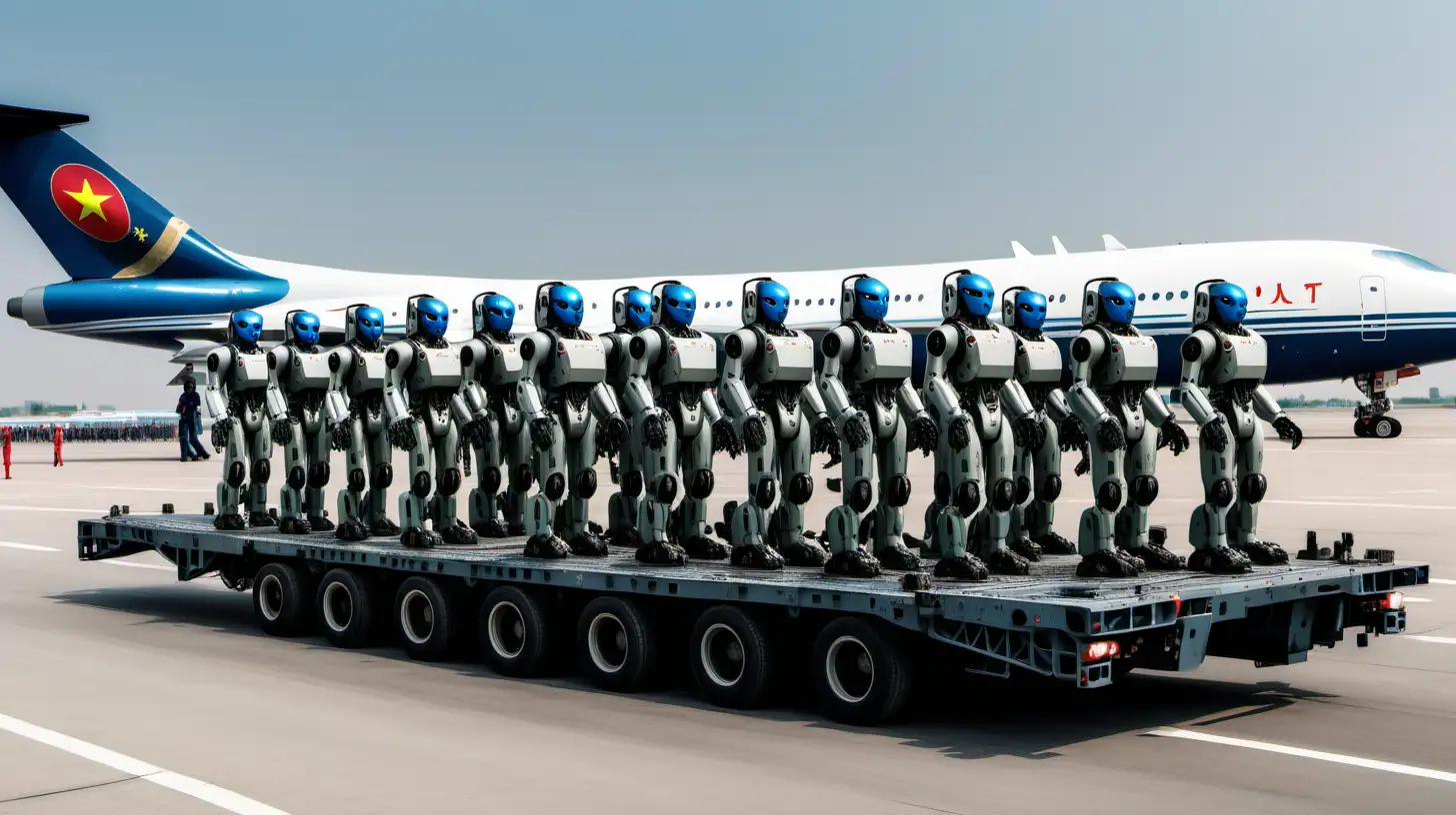 Many Military robot soldiers being transported by chinese millitary jet, headed to the battle ground