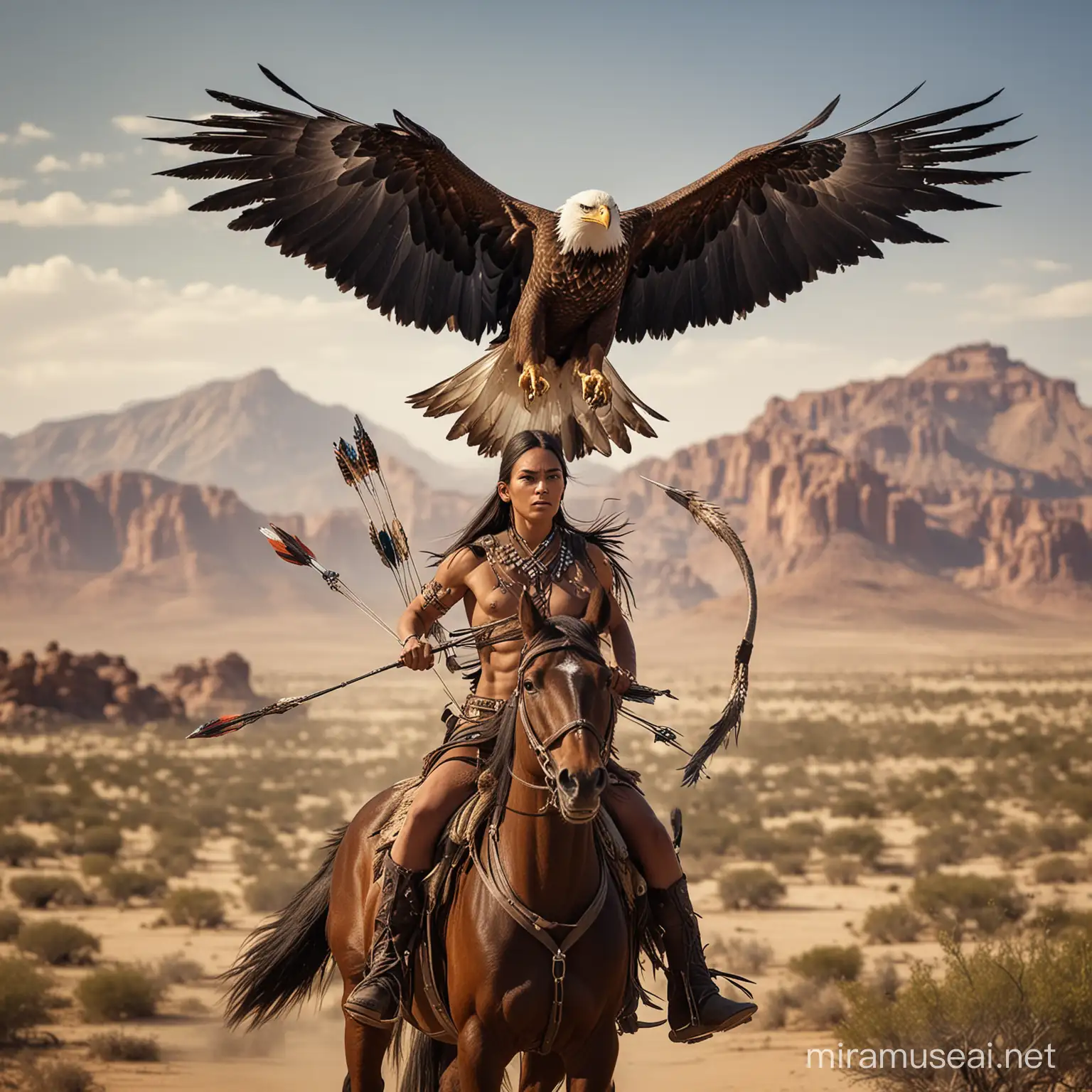 Guerrero apache alto musculoso guapo con alas grandes largas que le salen de la espalda   va a caballo con las alas extendidas  con arco y flecha  y  una gigantesca aguila real volando  y de fondo guerreras apaches a caballo en el desierto 