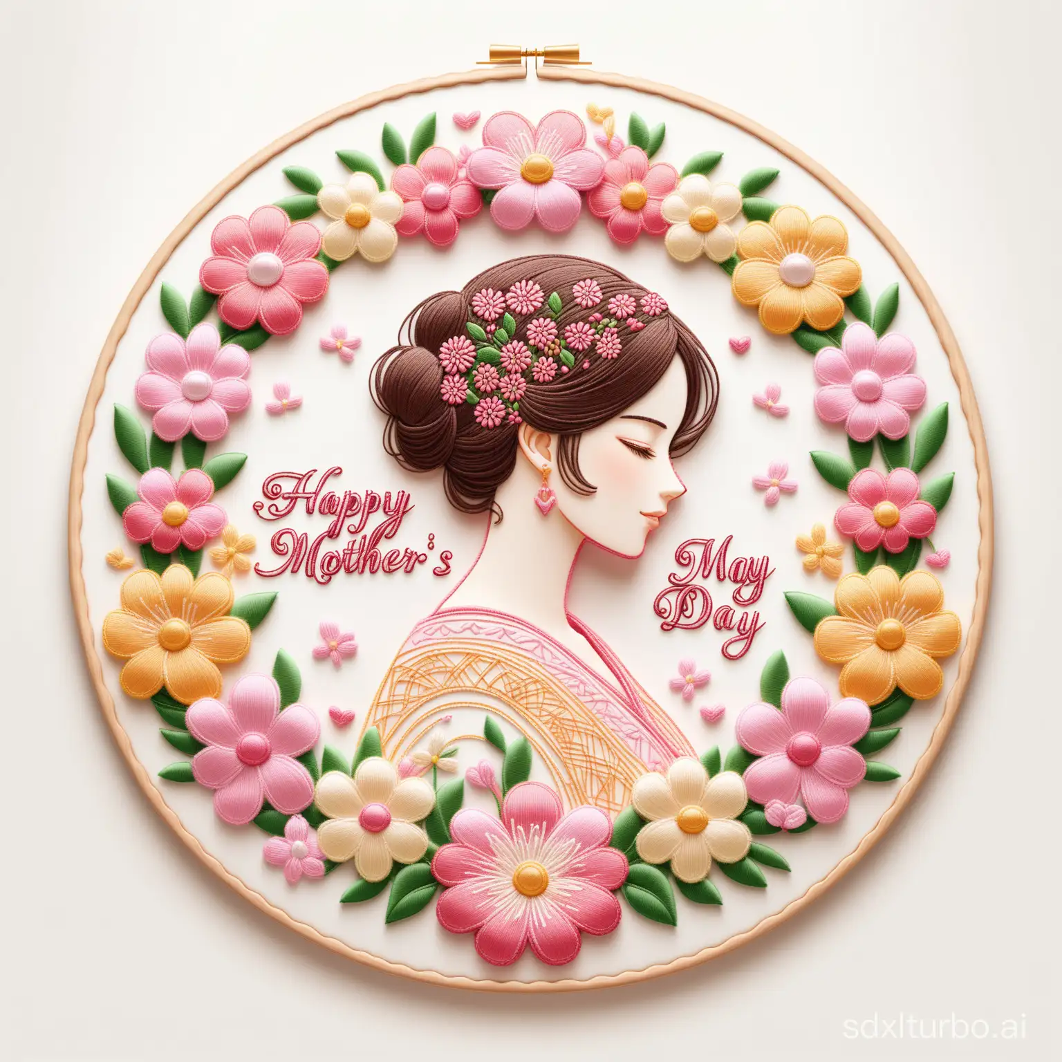 create A stunning and intricate 3D illustration of a circular embroidery on a white background. The design features a beautiful, side profile portrait of a mother, surrounded by delicate flowers. The embroidery is adorned with the words "Happy Mother's Day," and is dated May 12, 2024. The aesthetic layout showcases clear and detailed design elements, creating a heartwarming and personalized tribute to a beloved mother., illustration