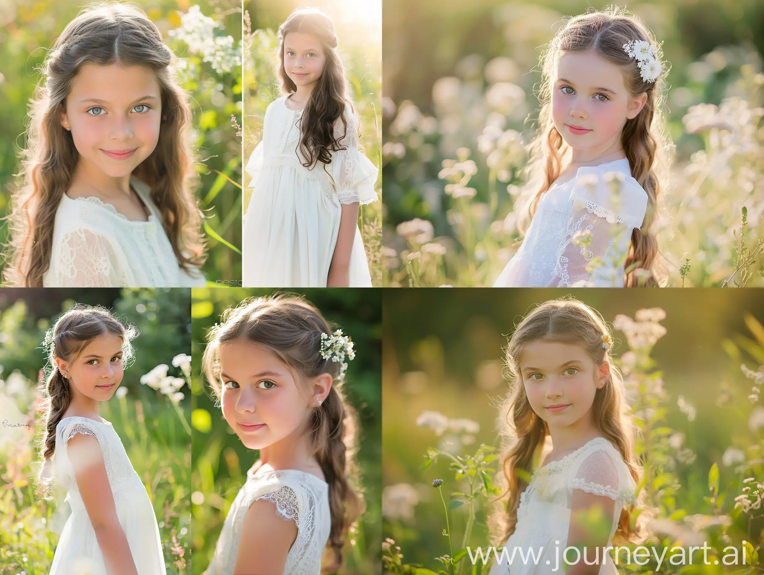  First Communion photo  with a beautiful outdoor girl in a white dress meadow, garden ,morning light for a bright and airy fee, 