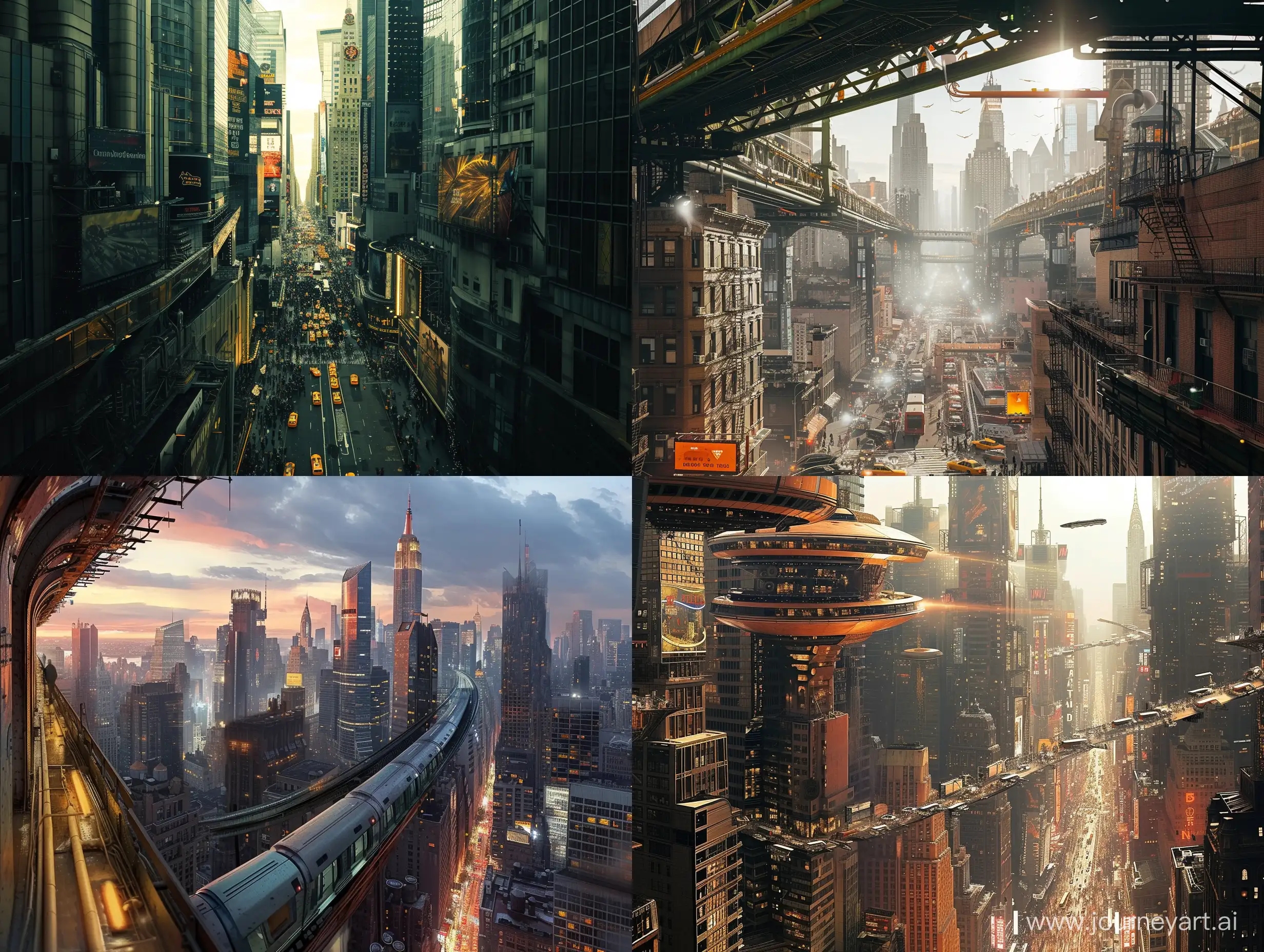a photo in the style of a science fiction showcasing a bustling  new yorrk skyline, photography, environment, natural lighting,  transportation
