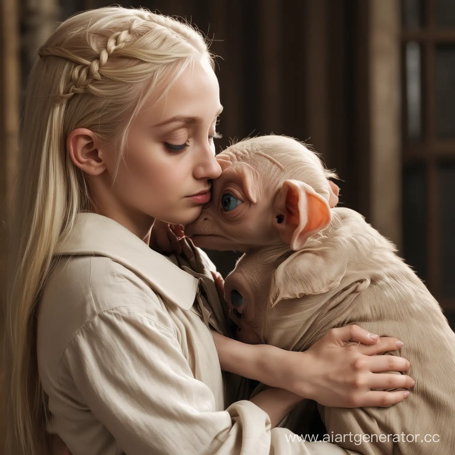 A beautiful girl with blonde hair and blue eyes is on her knees and hugging Dobby at Malfoy Manor, a side view