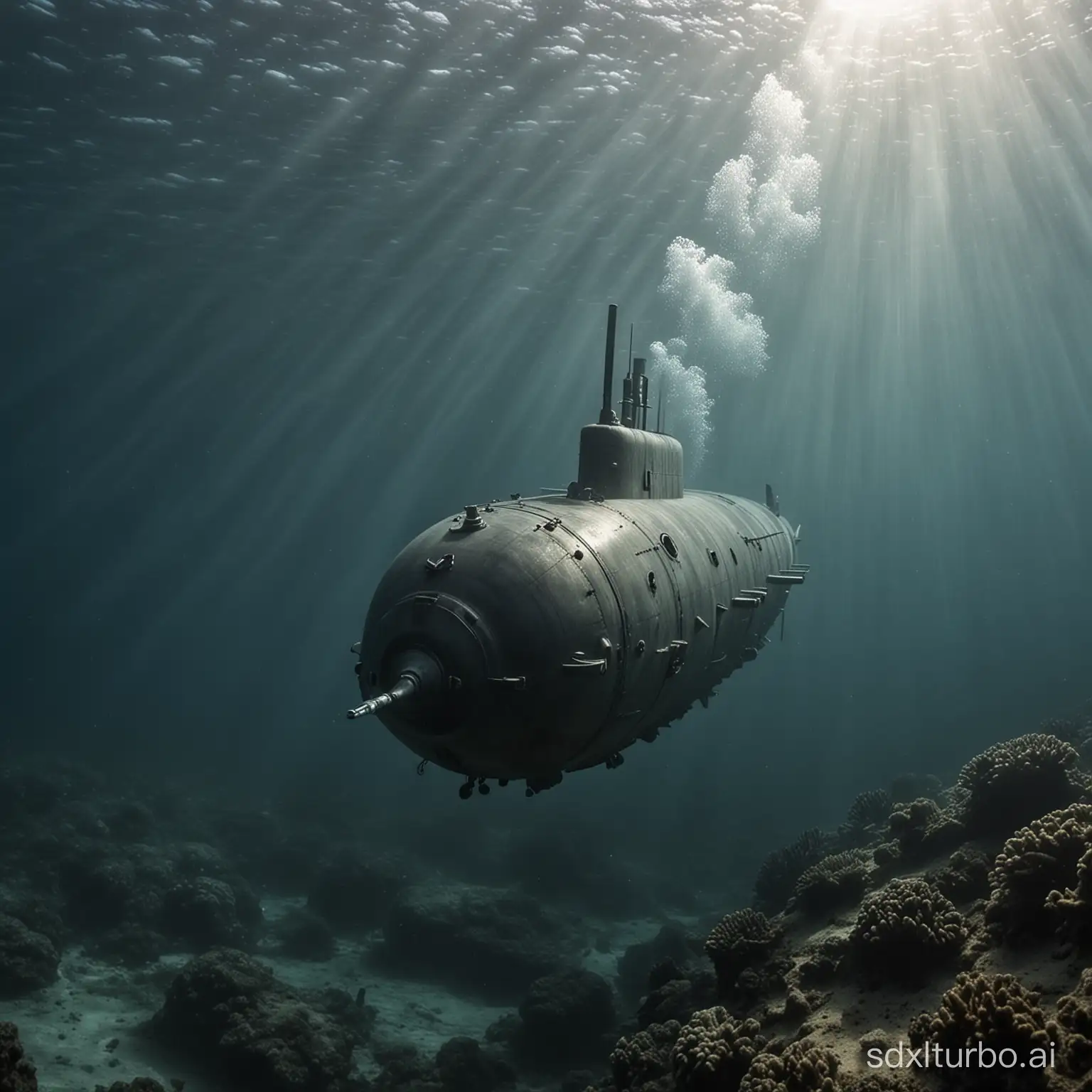 Submarine-Advancing-Underwater-in-Deep-Blue-Ocean