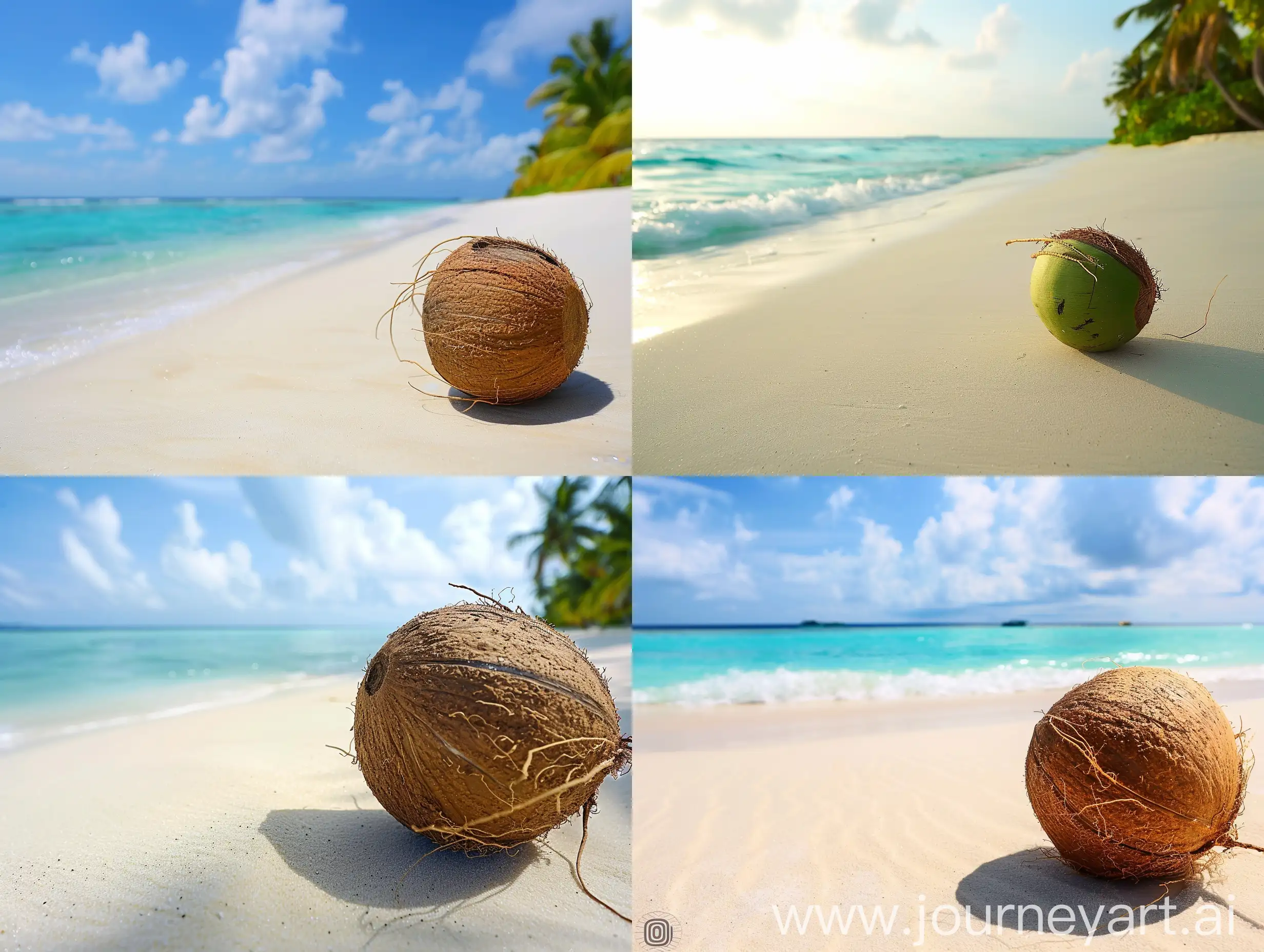 Coconut-on-Sandy-Beach-Tropical-Paradise-Scene-in-the-Maldives