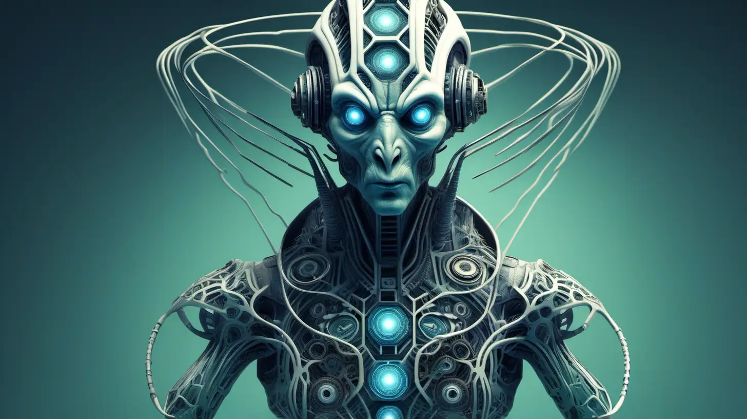 Craft an image of a humanoid alien scientist, equipped with intricate headgear symbolizing their mastery over quantum principles and advanced knowledge of the universe