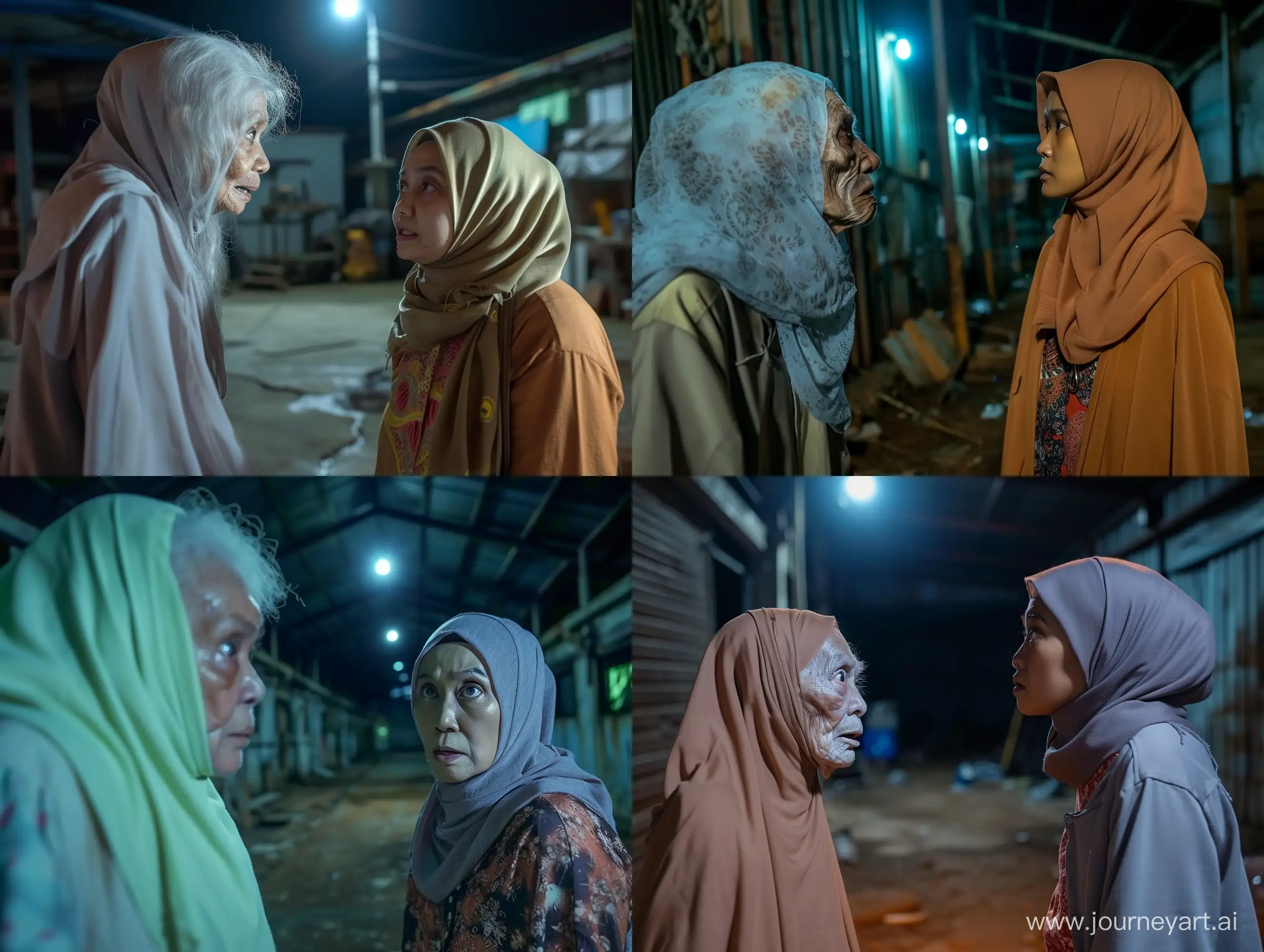 The ghost of and old grandmother is peeking at an indonesian hijab wearing woman, in a dirty house warehouse at night , horor movie scene