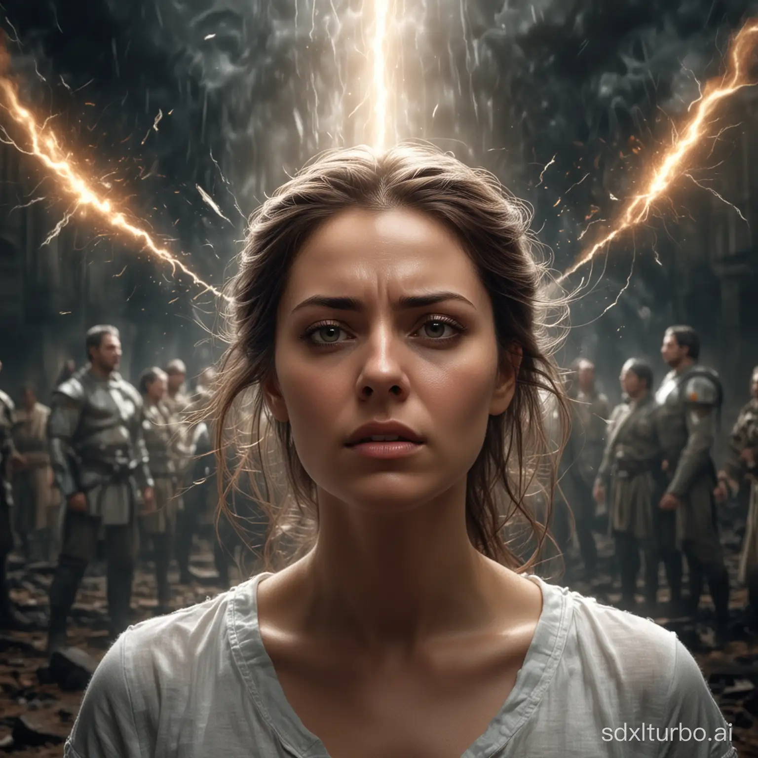 A beautiful woman who is troubled in the foreground, with a spiritual battle between light and dark forces over her mind in the background. The battle is epic the picture is a masterpiece. The foreground is photo realistic.