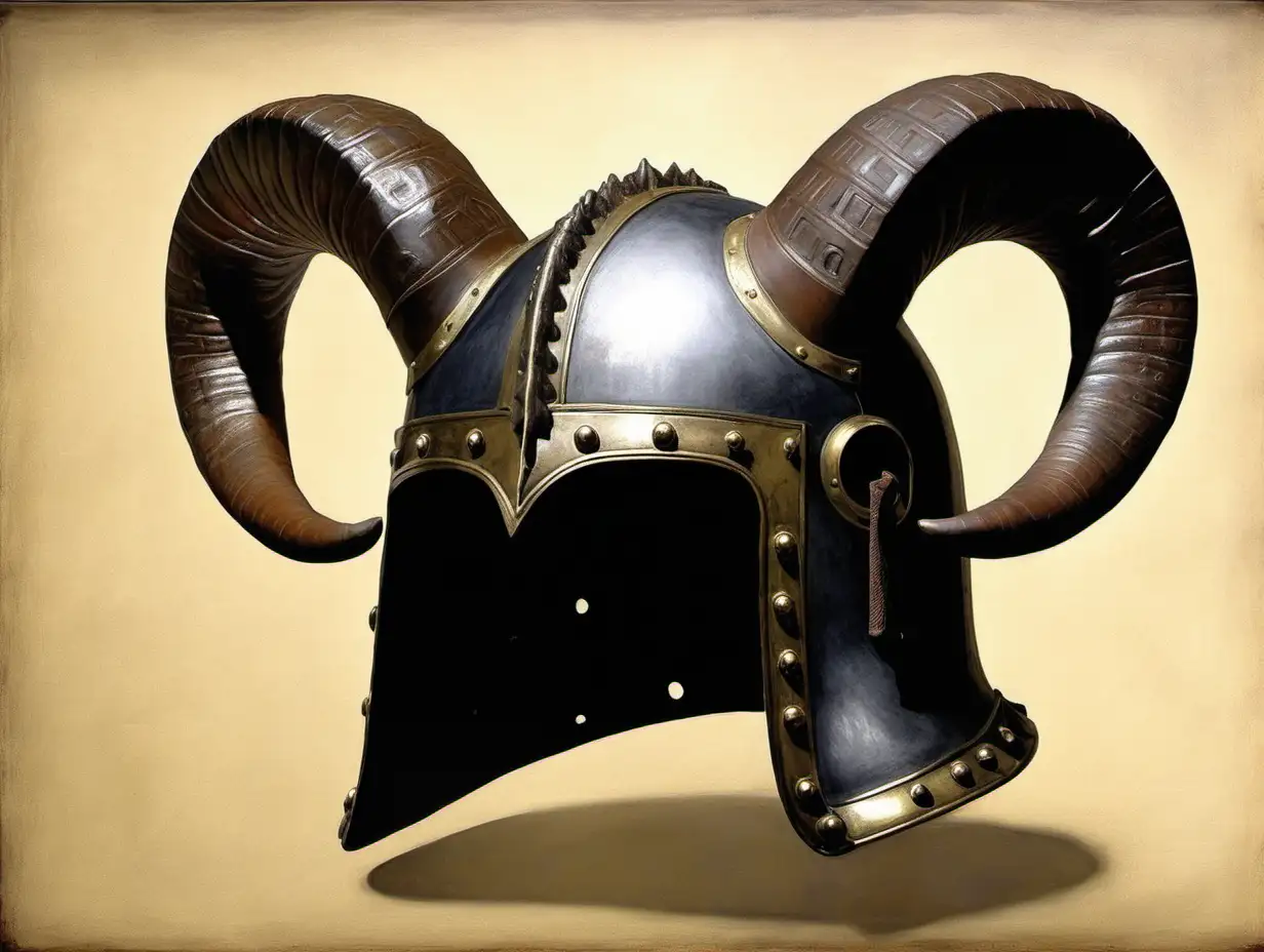 barbuta helmet with ram horns, painting