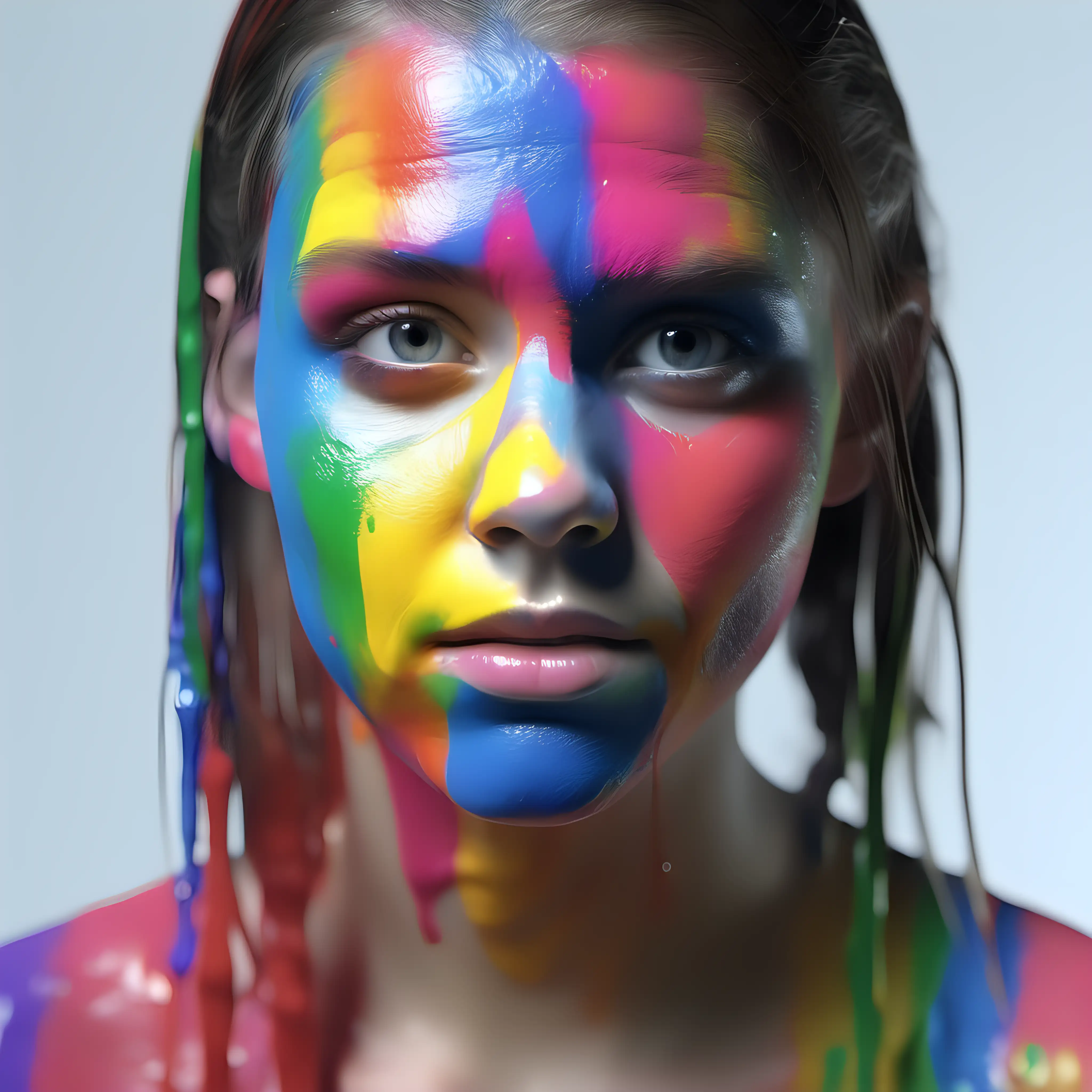 young girl face in her 20s with rainbow colored paint all over her face in ultra realistic, HD, 8K real life 

