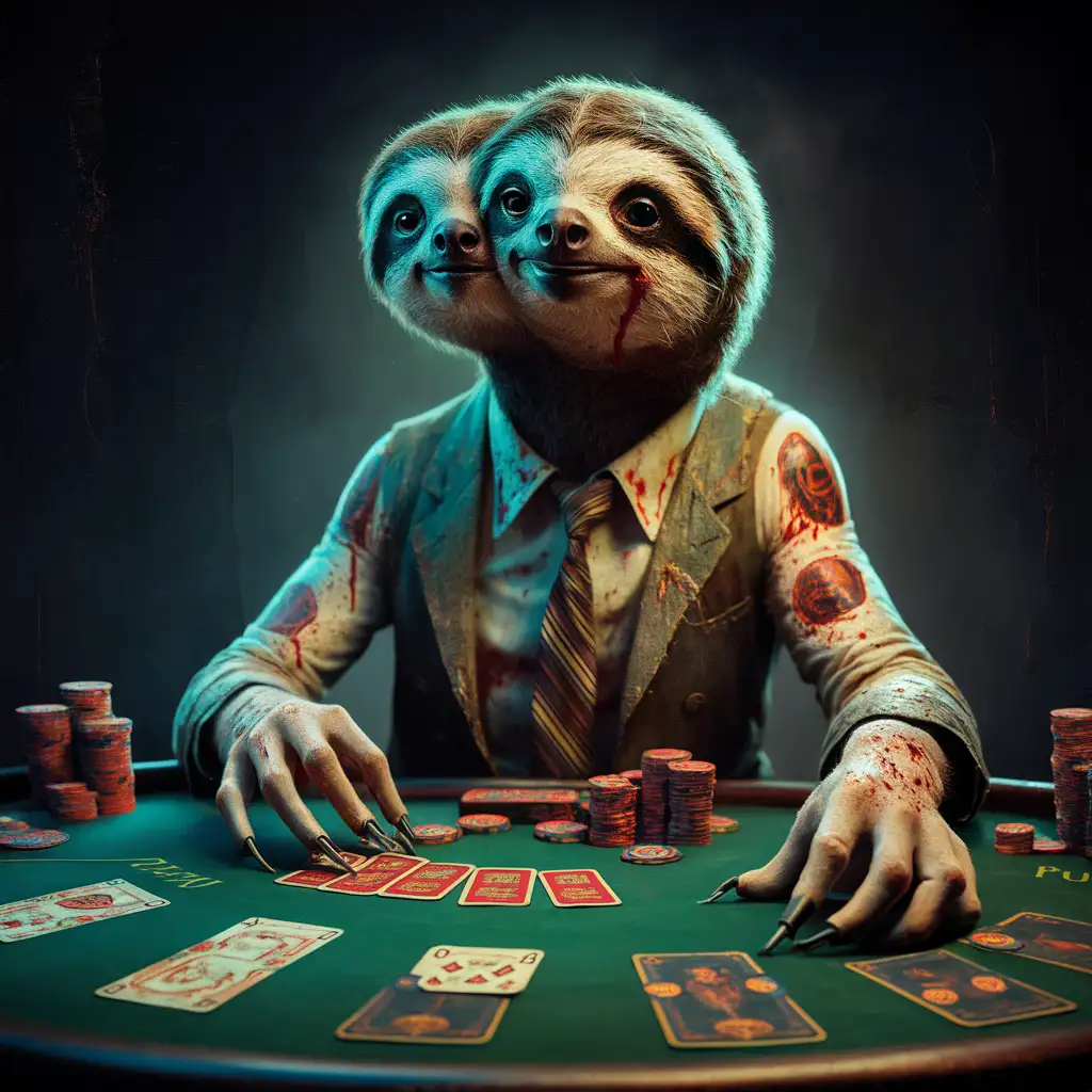 thin three-eyed bloody tatoo sloth is playing poker