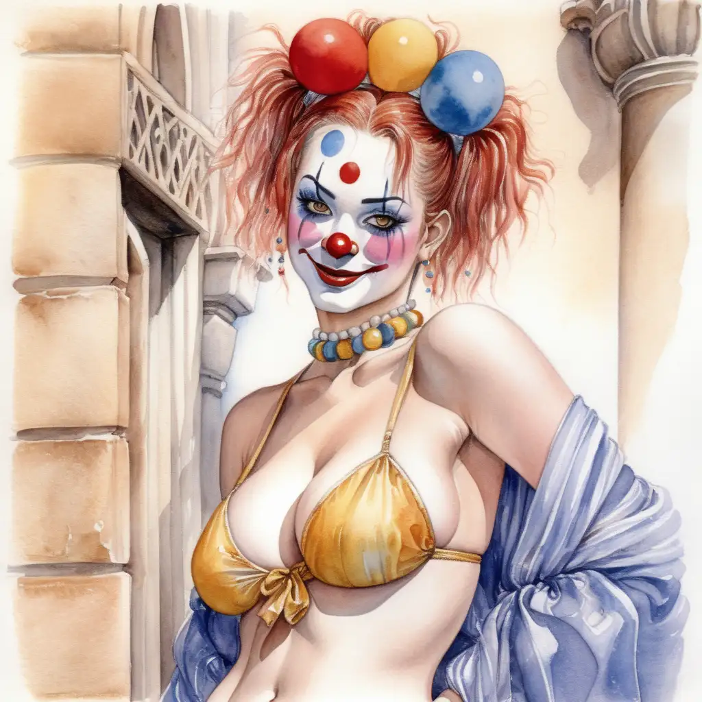 Seductive Oriental Clown Strolling Malaga Street in Milo Manara Style Watercolor