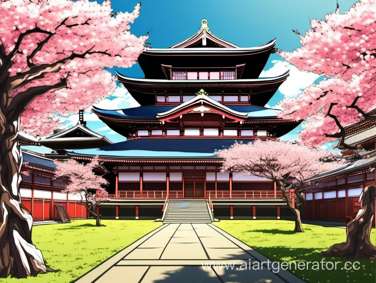 animestyle huge japanese temple large court yard between sakura trees at bright day