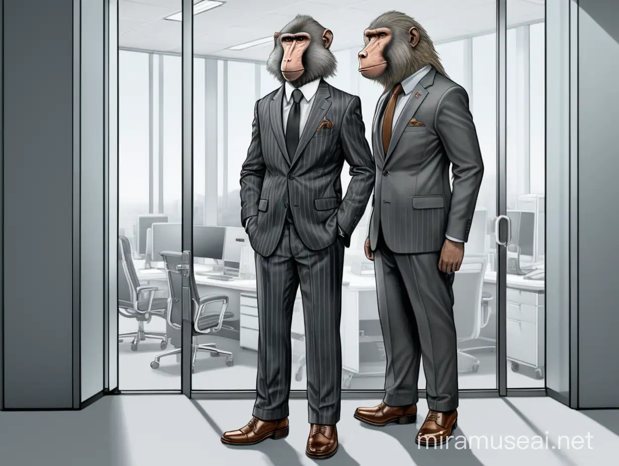站在办公室落地玻璃前身穿深灰色条纹西装的狒狒全身背面穿着皮鞋，头侧面看着侧面，插画形式