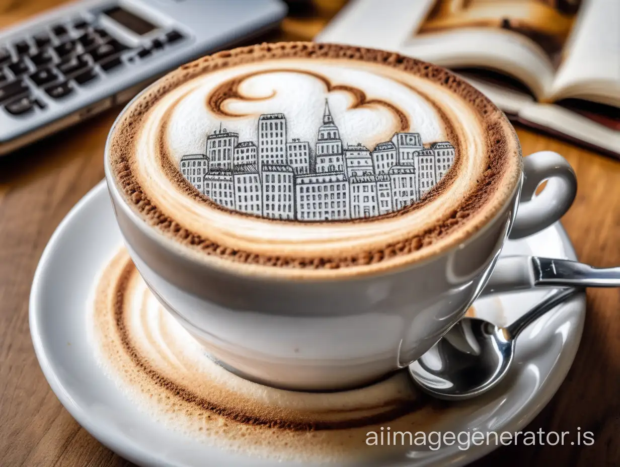 A cup of cappuccino. A drawing of a city on the cappuccino foam
