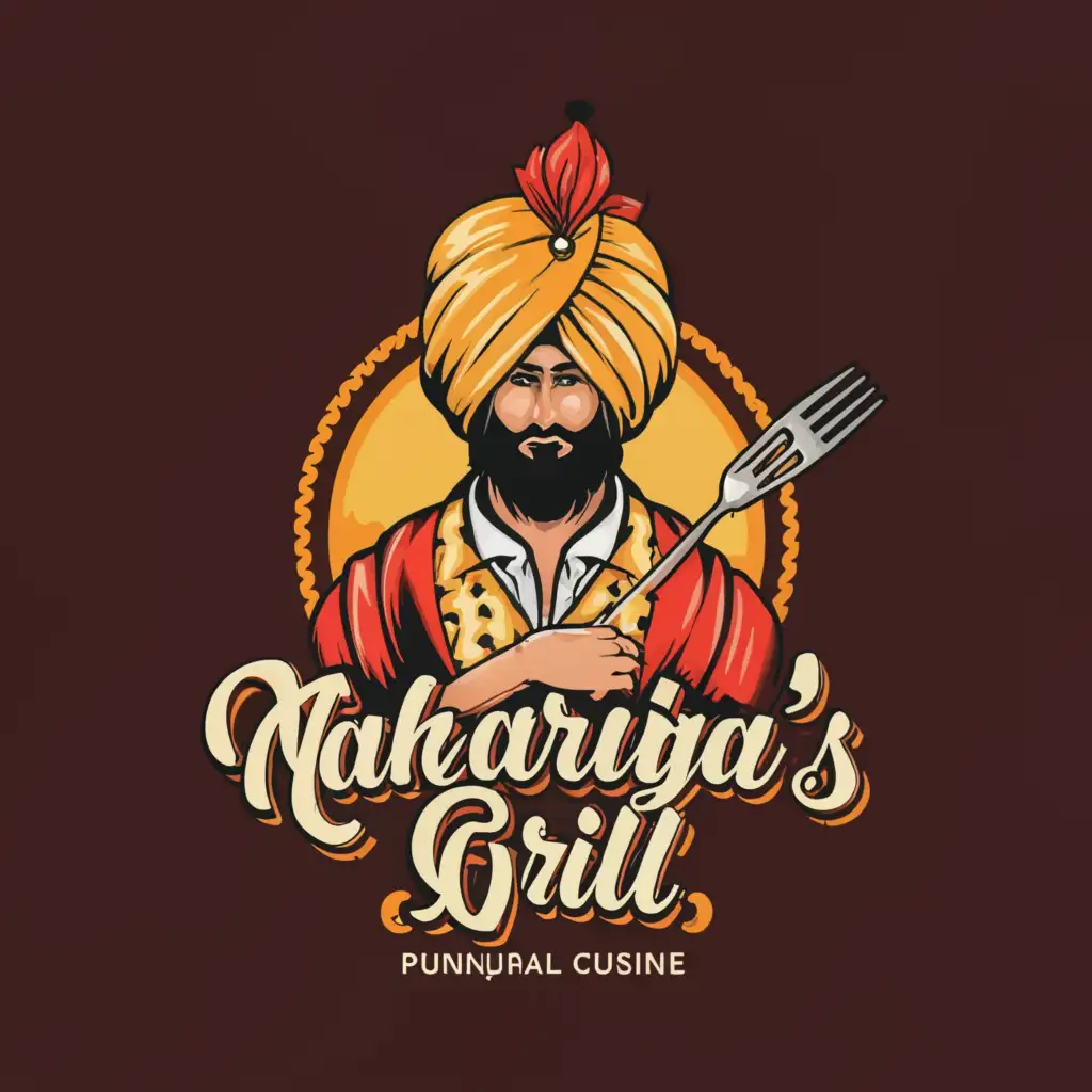 a logo design,with the text "Maharaja's Grill", main symbol:Side pose of royal Punjabi turban guy, representing Punjab culture and tradition holding a spatula and knife in the hands,complex,clear background