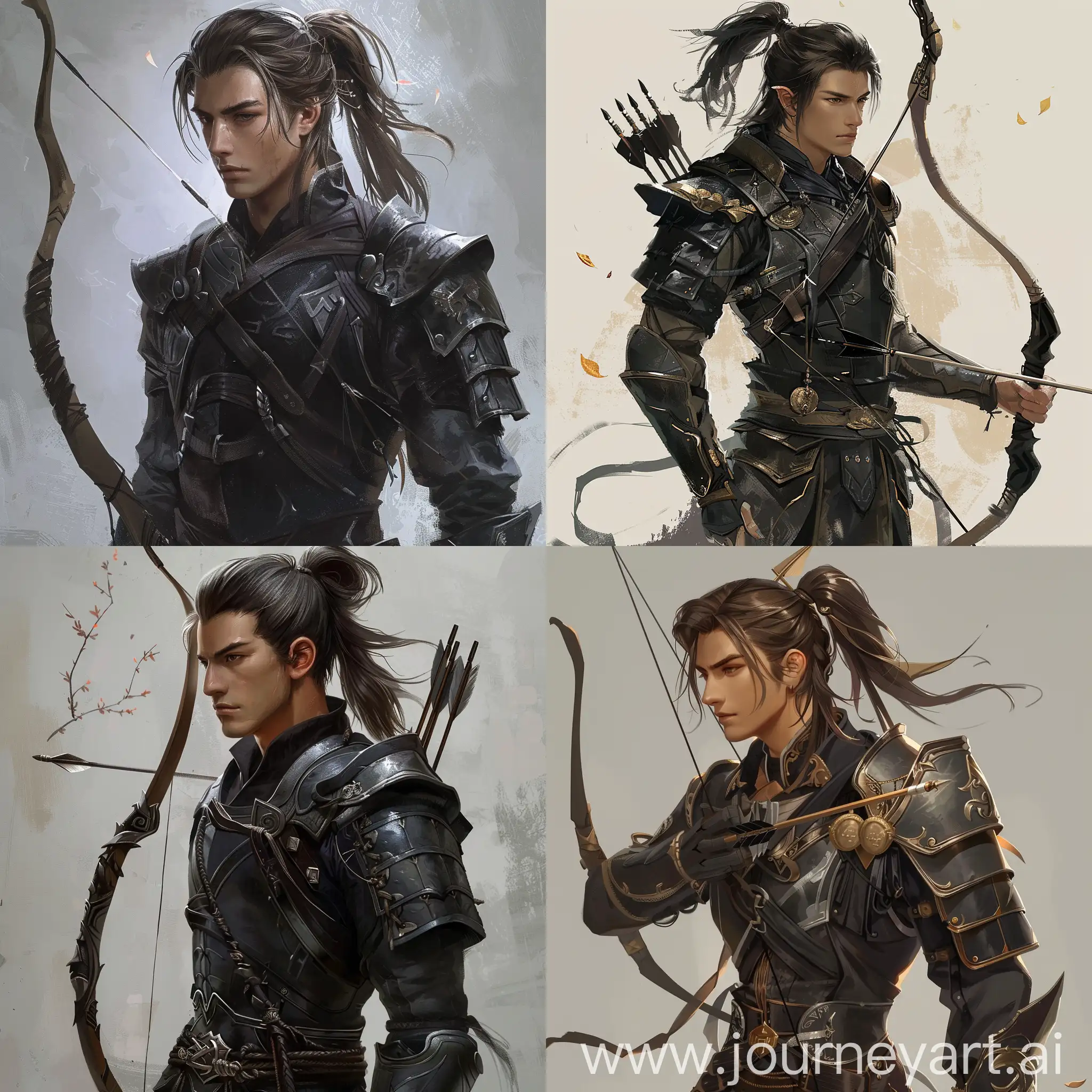 a fantasy archer member of a group called Shadow Lancer, wears a light armor in black, he's a male human with ponytailed hair