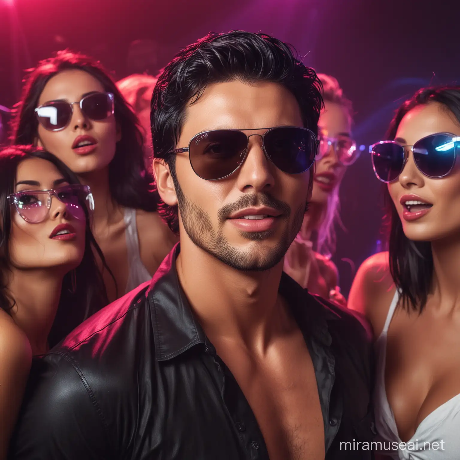 Handsome man with black hair, stubble and sunglasses with a group of sexy women partying with laser light.