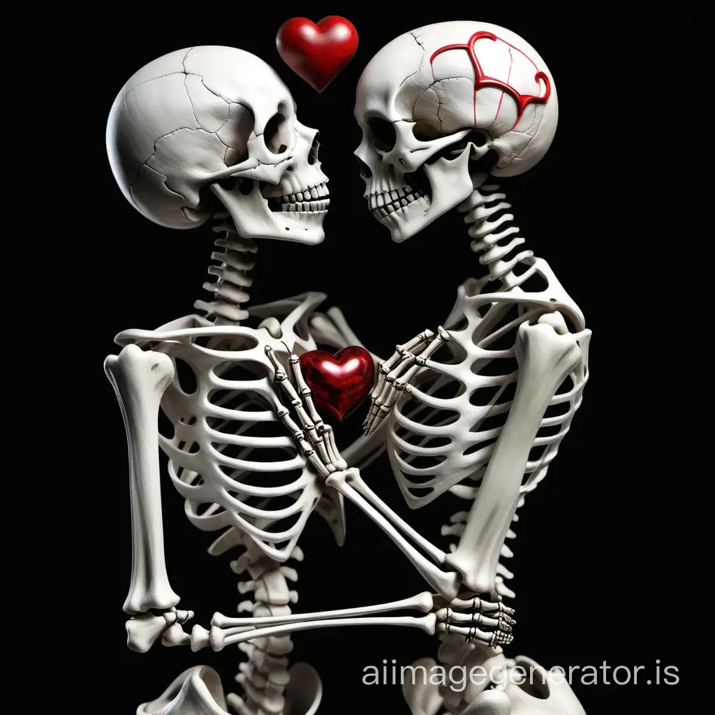 Two female skeletons in love embrace with one heart for them both realism