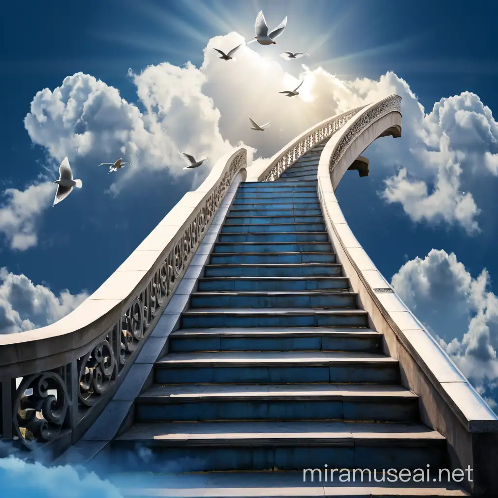 Stair ways to heaven with doves at the top rail
with light blue sky
