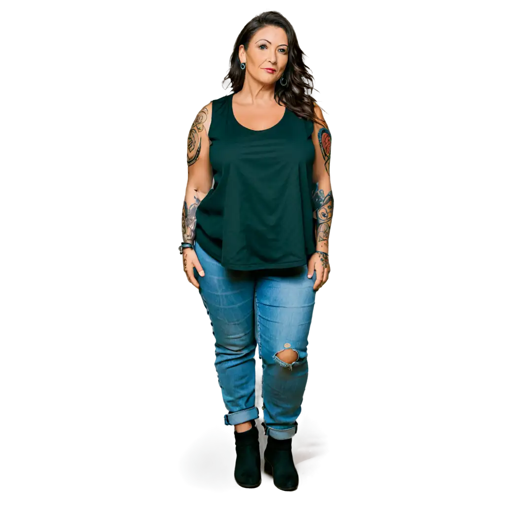 A beautiful brunette mature woman, lots of tattoos,
 olive skin, retro eye makeup, curvy, white tee shirt vest, torn denim jeans, thick soled boots, heavy jewellery. 
