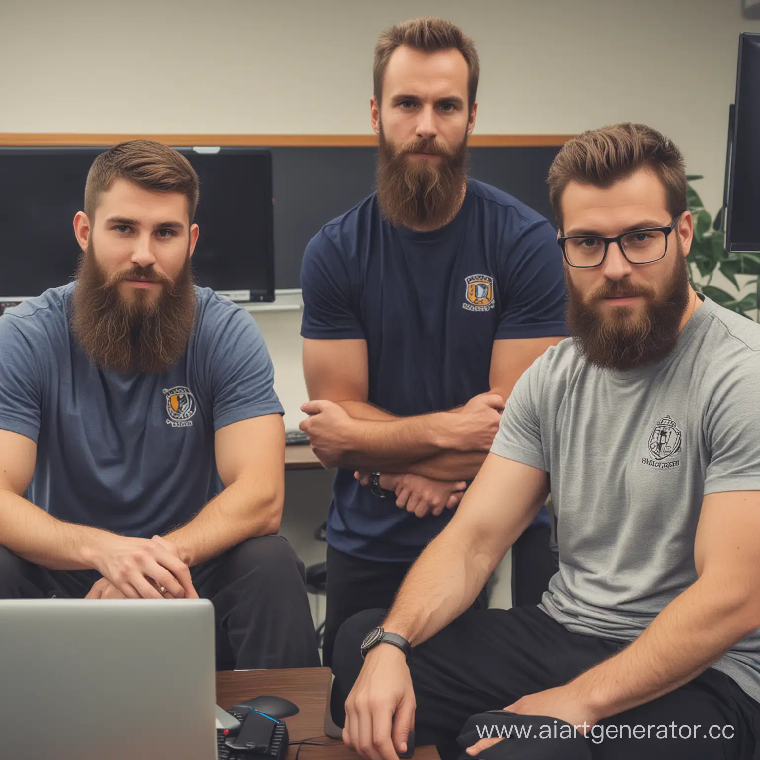 Три парня-программиста сидят за одним компьютером, рядом стоит бородатый учитель физкультуры 