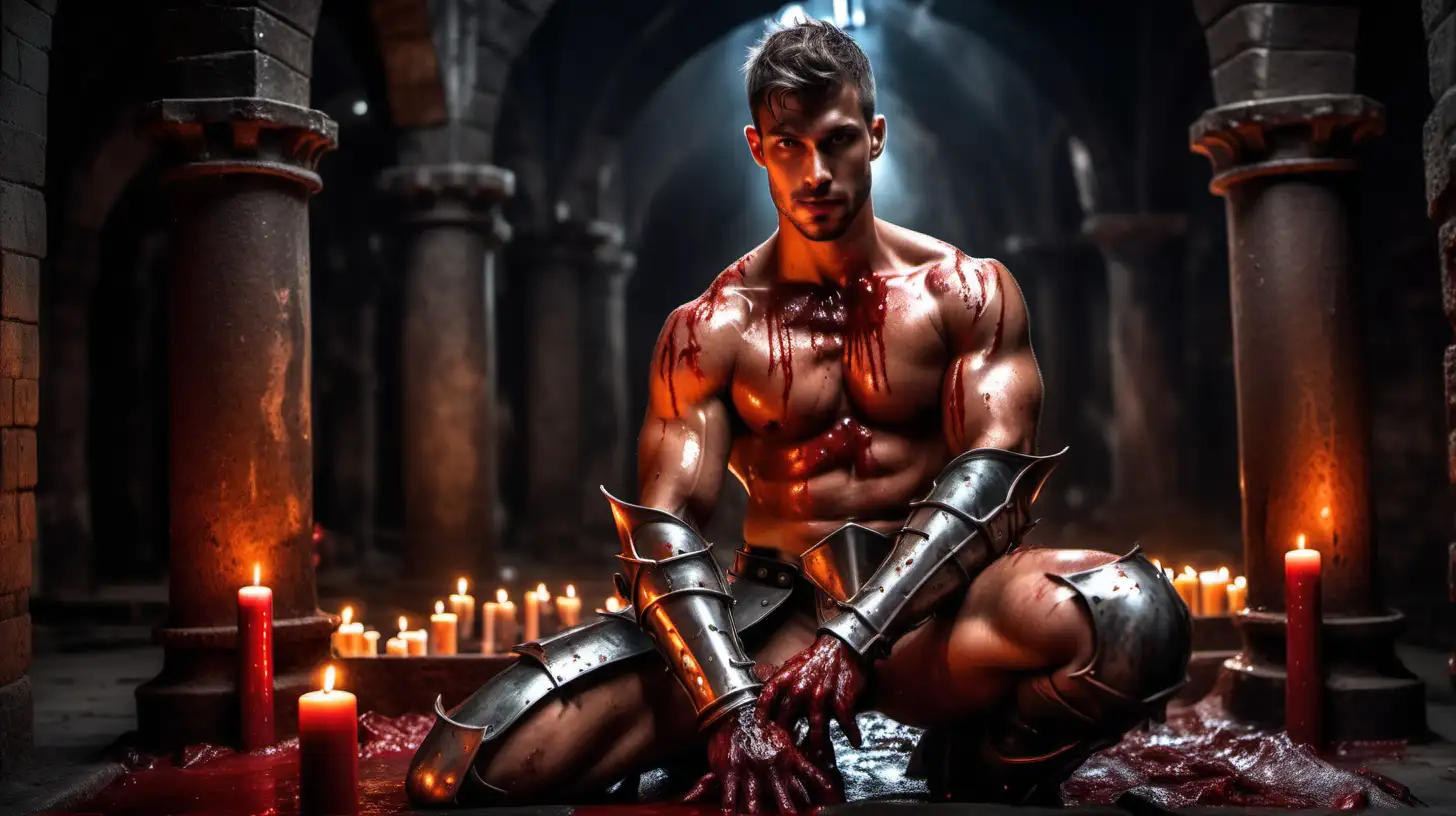 Handsome male knight short hair tanned stubbles shirtless muscular hairy gauntlets leg armor very sweaty oiled up dripping wet bloody injured bleeding candles Dungeon hand reaching out touching the viewer caring 