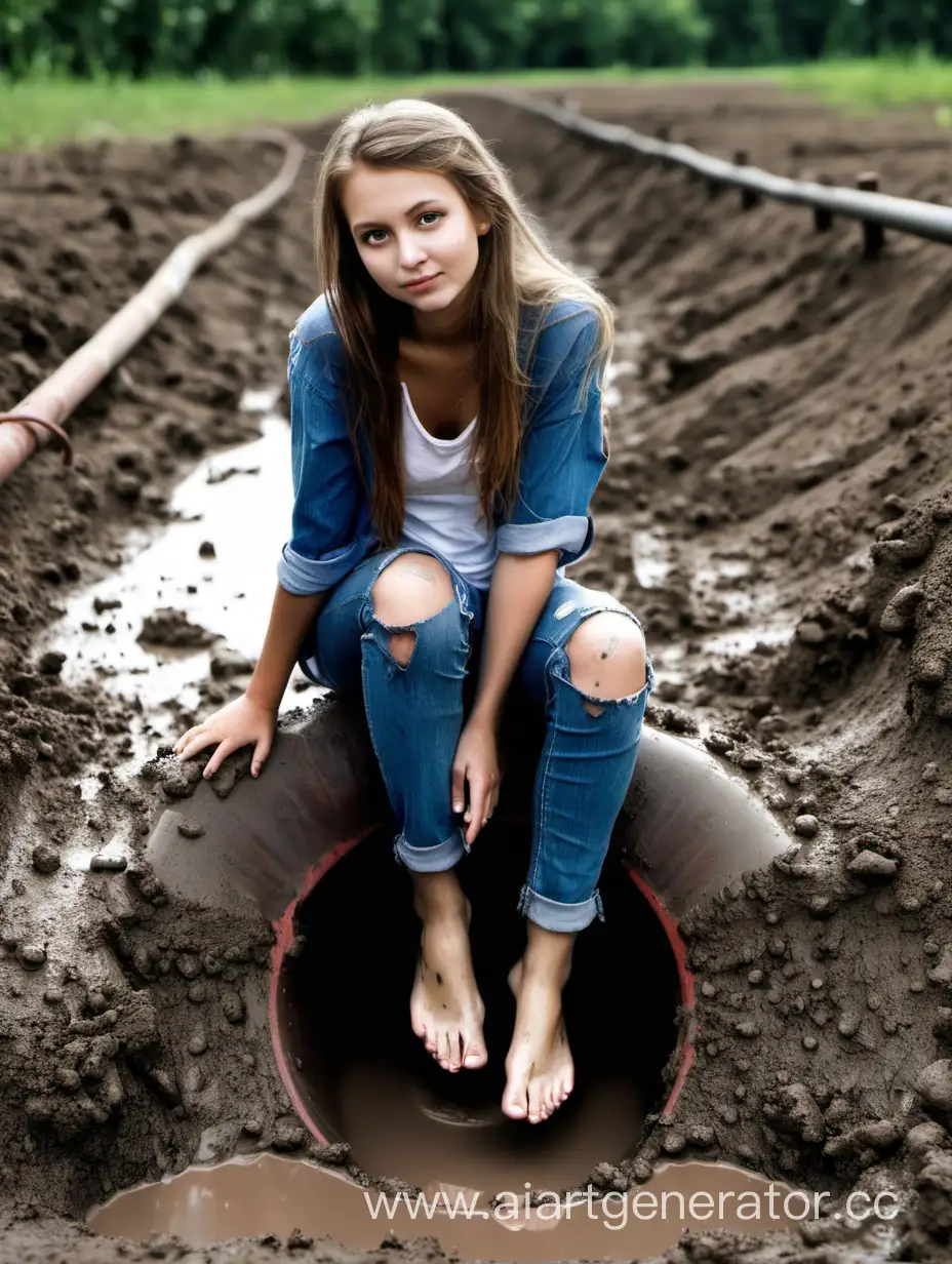 девочка в порванных джинсах босиком сидит на трубе в грязи