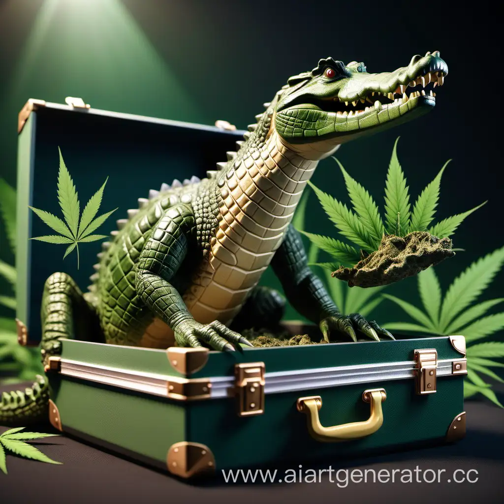 Реалистичный крокодил держит перед собой в руках большой открытый кейс в котором лежит марихуана