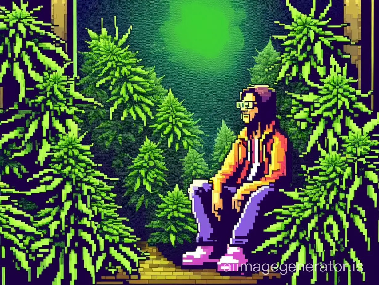 Create a pixel art representation of a person in a state of euphoria while smoking marijuana. The character should have a content expression on their face, surrounded by a hazy smoke of cannabis. The setting can be outdoors or indoors with a chill and relaxed atmosphere. Use vibrant colors to depict the scene and ensure that the character's posture and facial expressions capture the essence of being high on marijuana.
