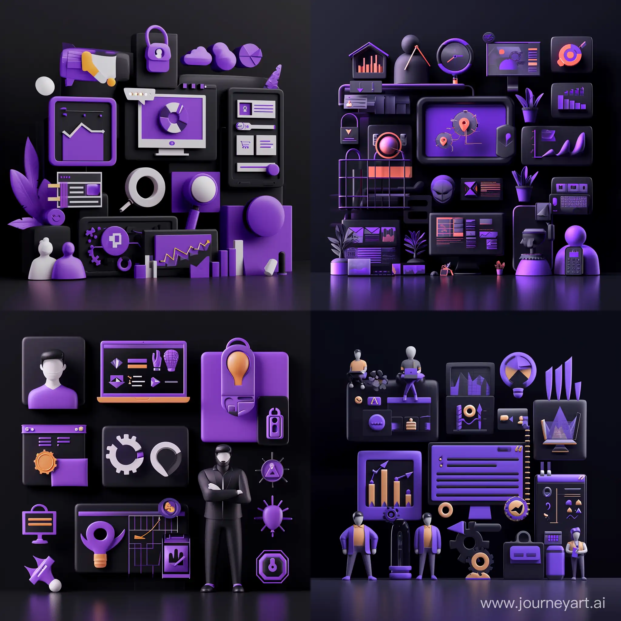 3d rendering of web agency products like seo optimization , adverting , security analyze , web design , and etc. in a black background with purple color set , and don't use unclear images or shape for humans, use clear and real shape or icons